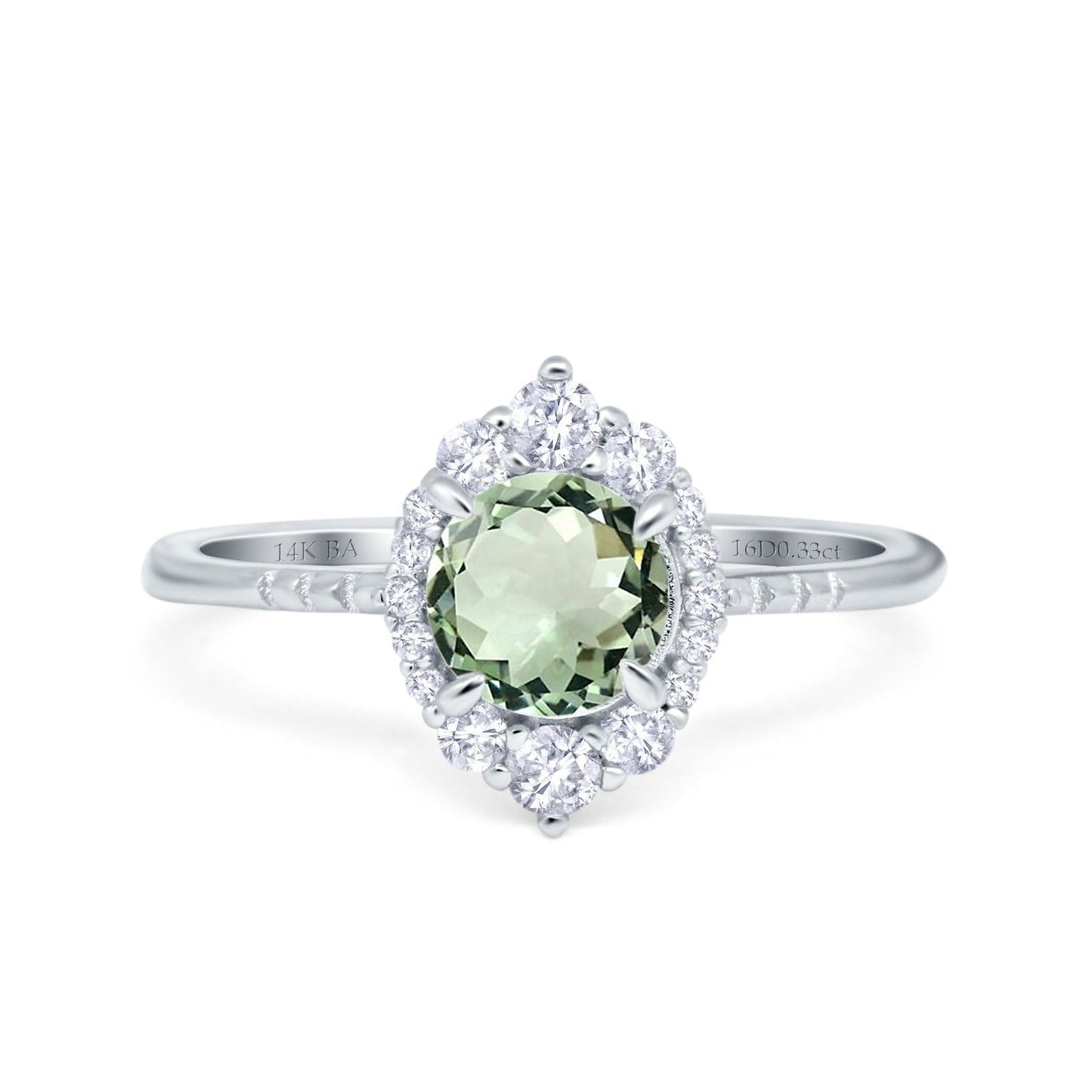 14K White Gold 1.61ct Halo Vintage Round 7mm G SI Natural Green Amethyst Diamond Engagement Wedding Ring Size 6.5