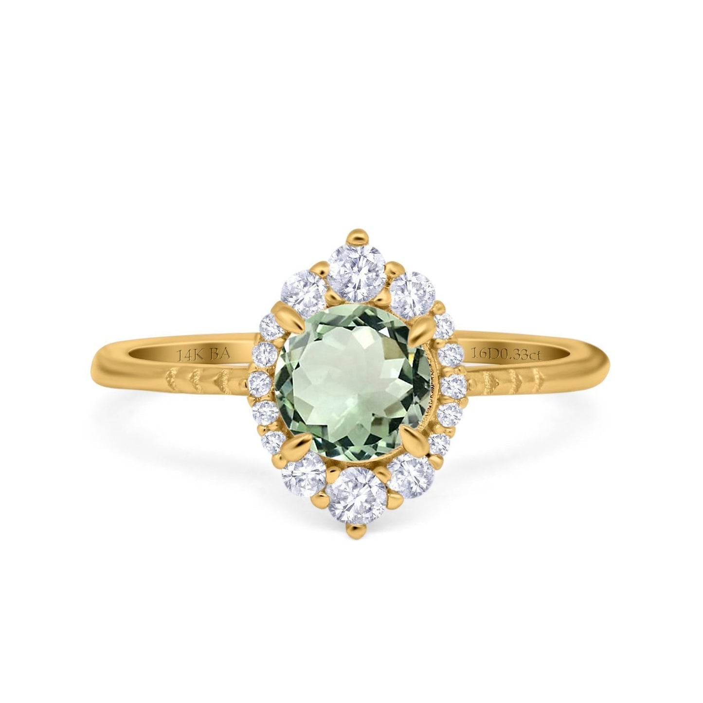 14K Yellow Gold 1.61ct Halo Vintage Round 7mm G SI Natural Green Amethyst Diamond Engagement Wedding Ring Size 6.5