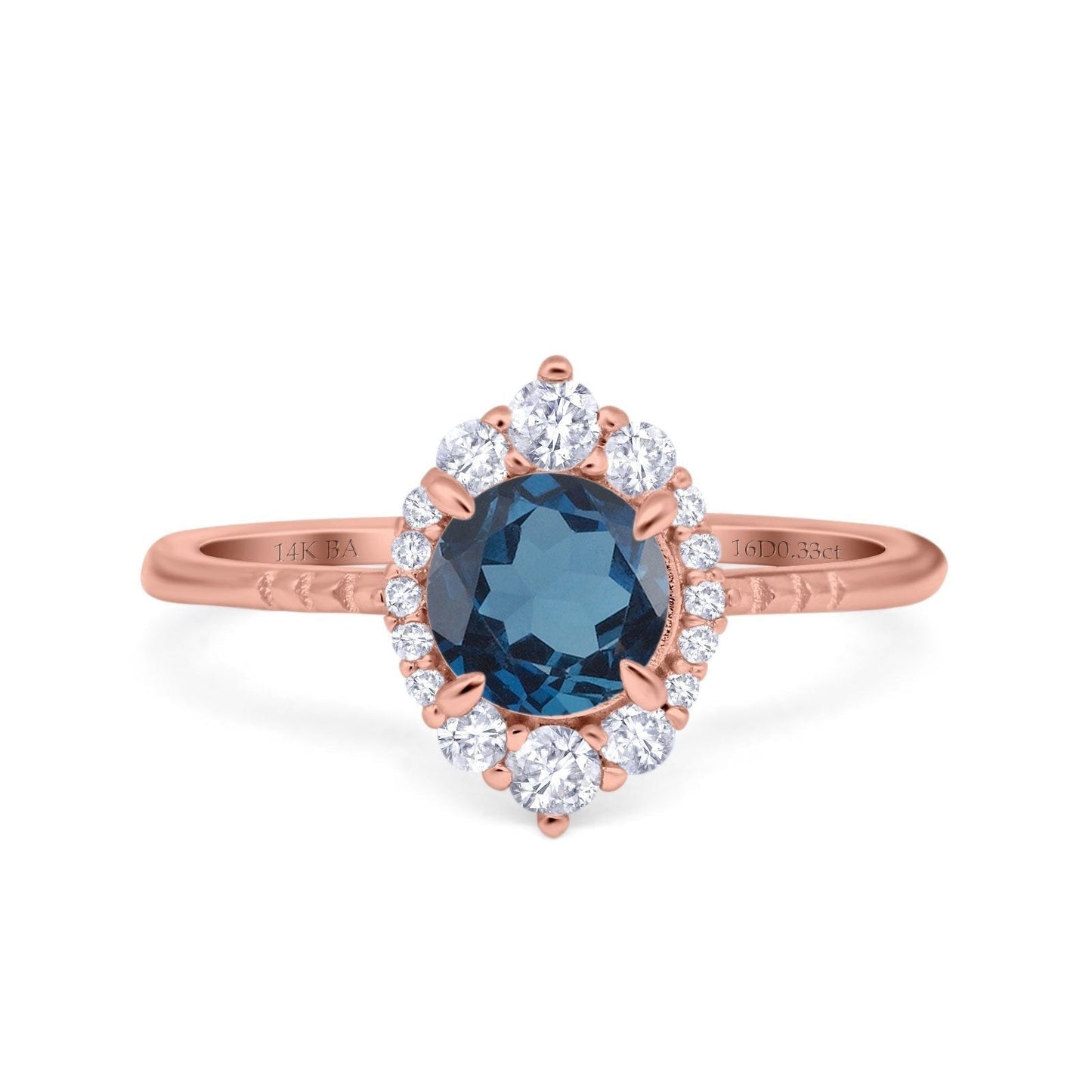 Bague de fiançailles en or rose 14 carats avec diamant rond de 7 mm et topaze bleue de Londres de 1,61 ct et halo vintage, taille 6,5