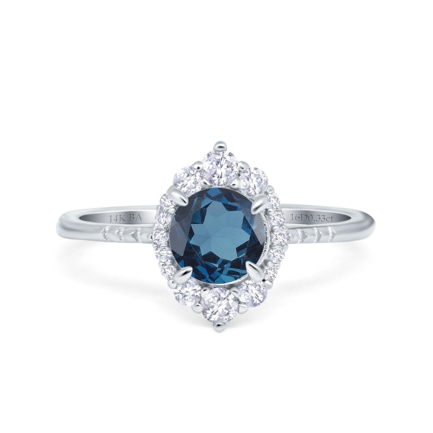 14K White Gold 1.61ct Halo Vintage Round 7mm G SI London Blue Topaz Diamond Engagement Wedding Ring Size 6.5