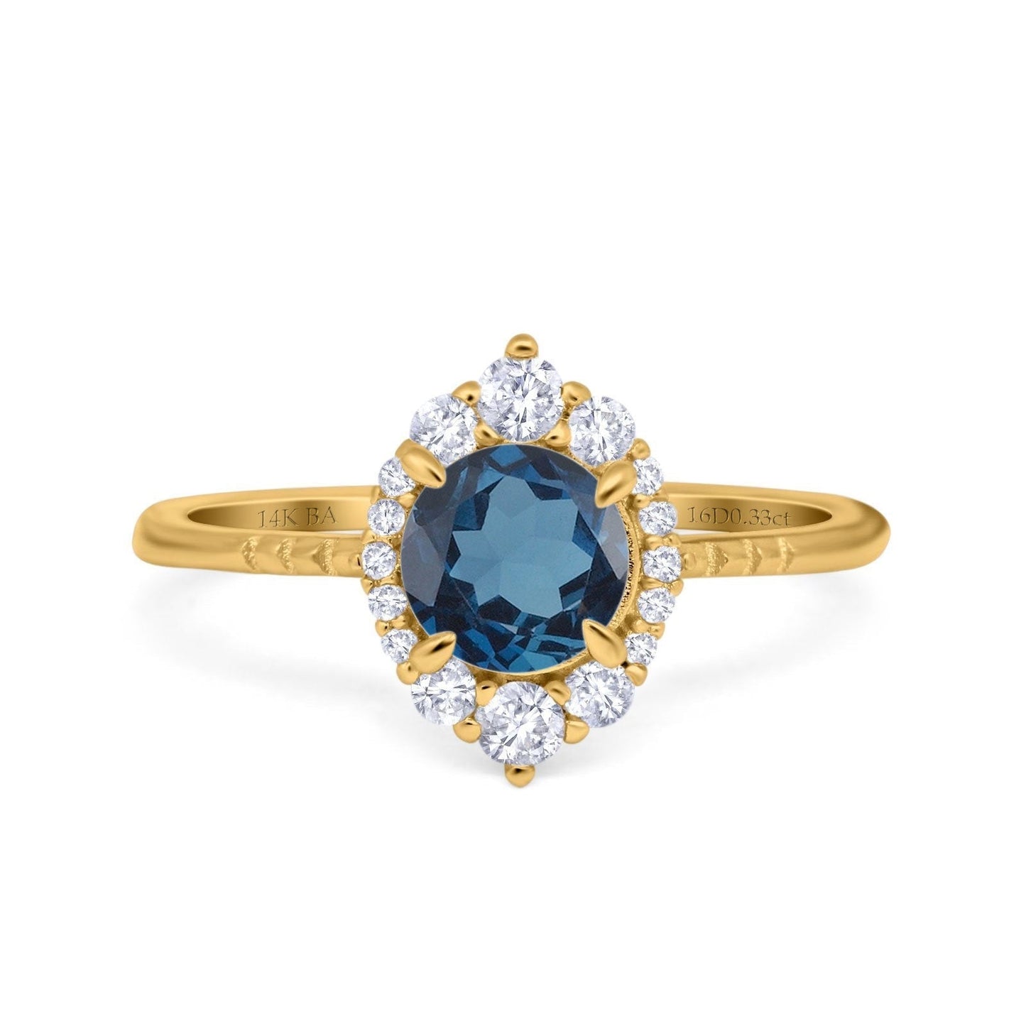 14K Yellow Gold 1.61ct Halo Vintage Round 7mm G SI London Blue Topaz Diamond Engagement Wedding Ring Size 6.5