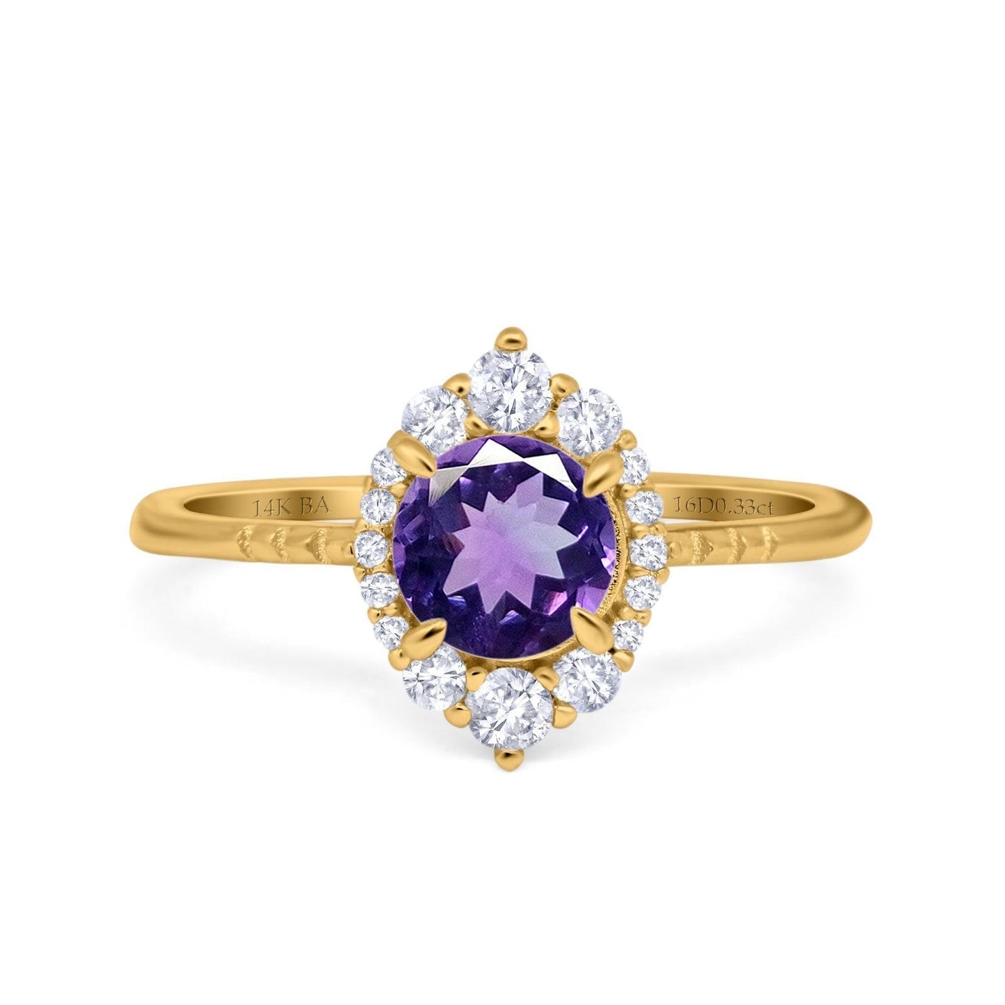 14K Yellow Gold 1.61ct Halo Vintage Round 7mm G SI Natural Amethyst Diamond Engagement Wedding Ring Size 6.5