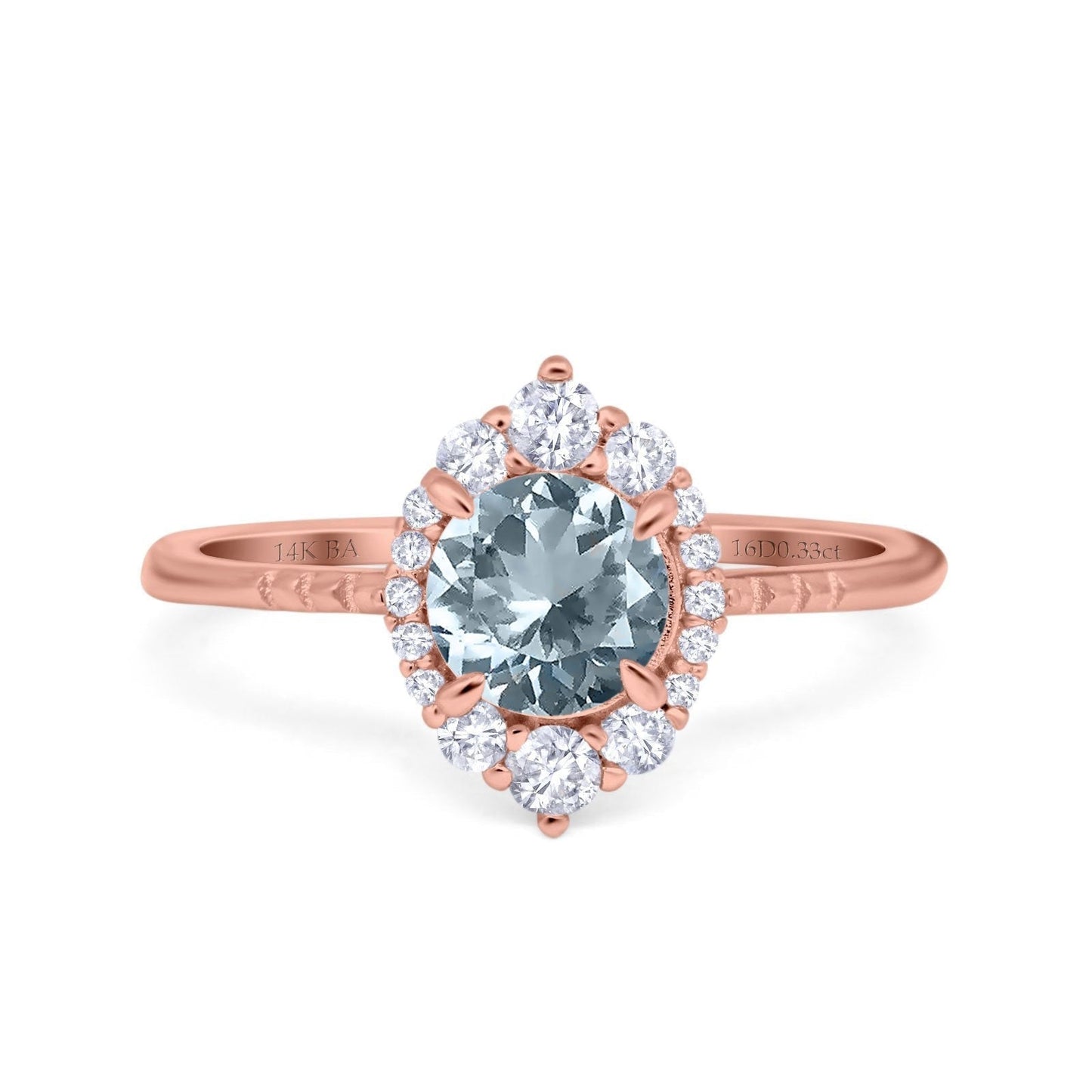 Bague de fiançailles en or rose 14 carats avec halo vintage rond de 7 mm et diamant aigue-marine naturel G SI de 1,61 ct, taille 6,5