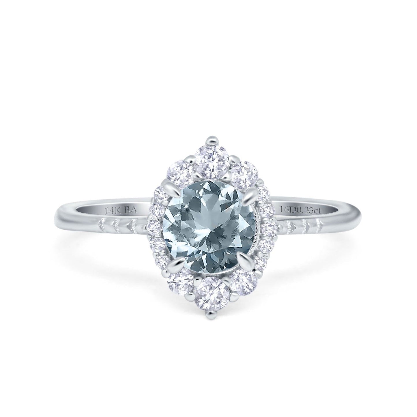 14K White Gold 1.61ct Halo Vintage Round 7mm G SI Natural Aquamarine Diamond Engagement Wedding Ring Size 6.5