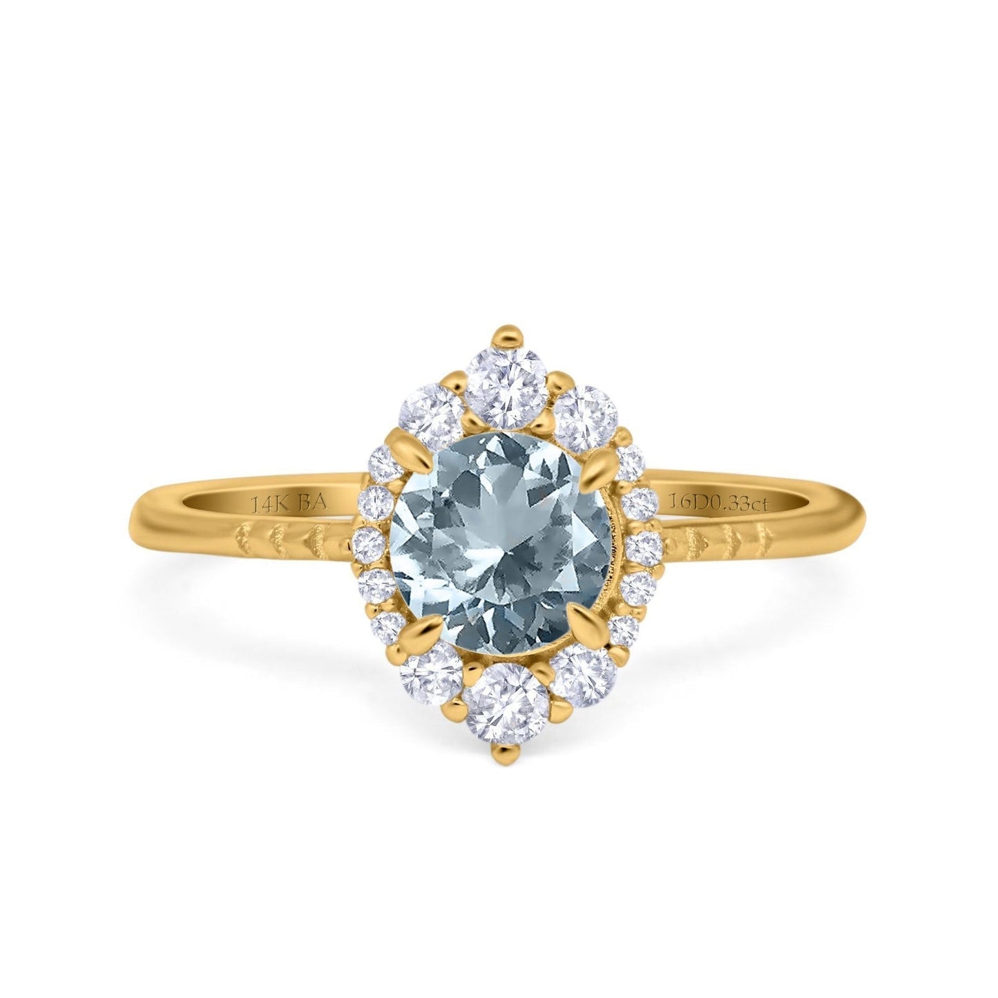 14K Yellow Gold 1.61ct Halo Vintage Round 7mm G SI Natural Aquamarine Diamond Engagement Wedding Ring Size 6.5