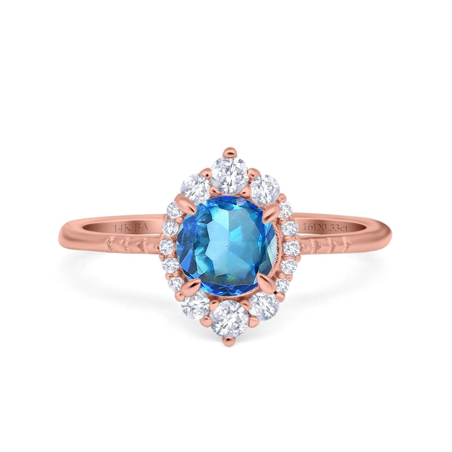 Bague de fiançailles en or rose 14 carats avec diamant rond de 7 mm et halo de 1,61 ct, taille G SI, topaze bleue naturelle, taille 6,5