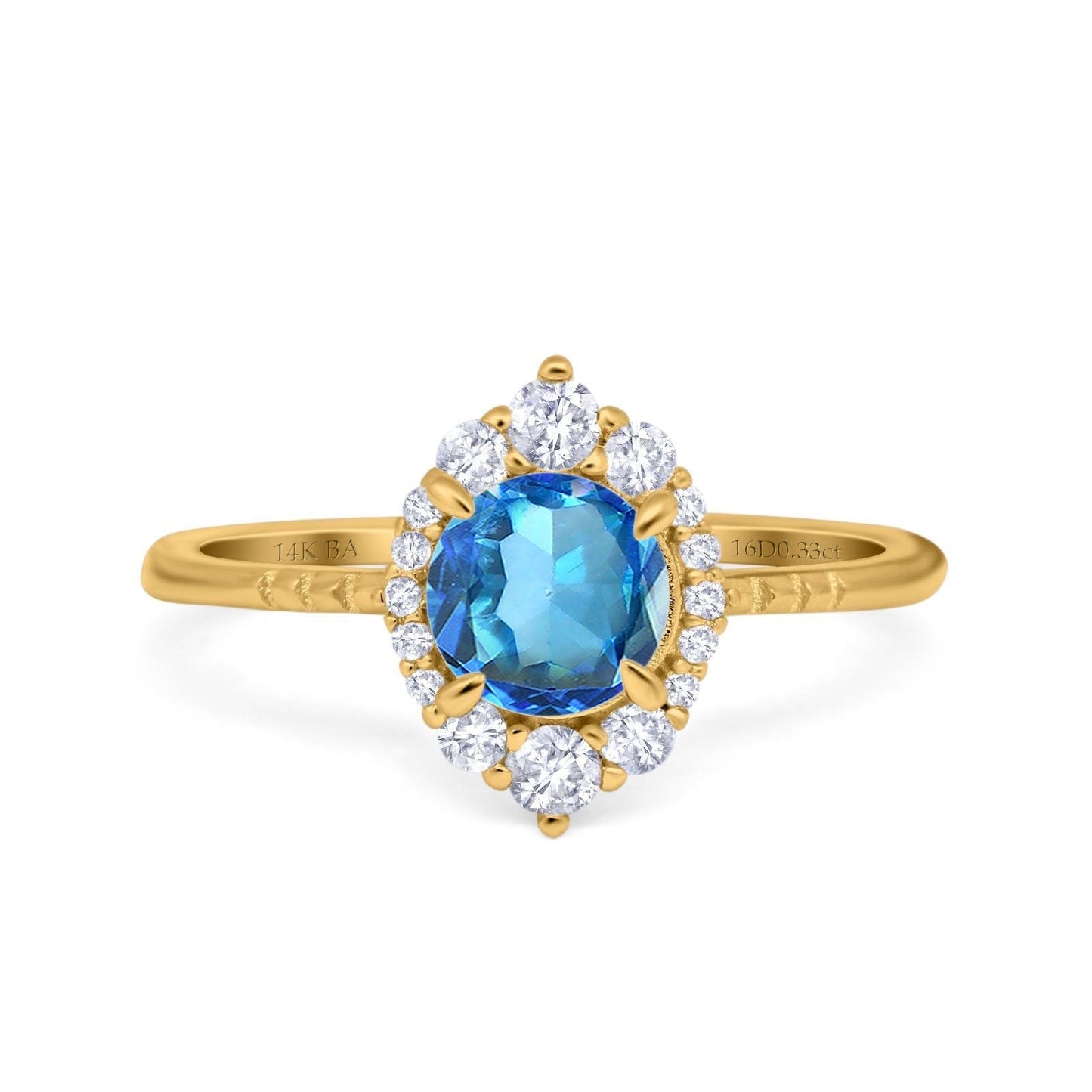 14K Yellow Gold 1.61ct Halo Vintage Round 7mm G SI Natural Blue Topaz Diamond Engagement Wedding Ring Size 6.5