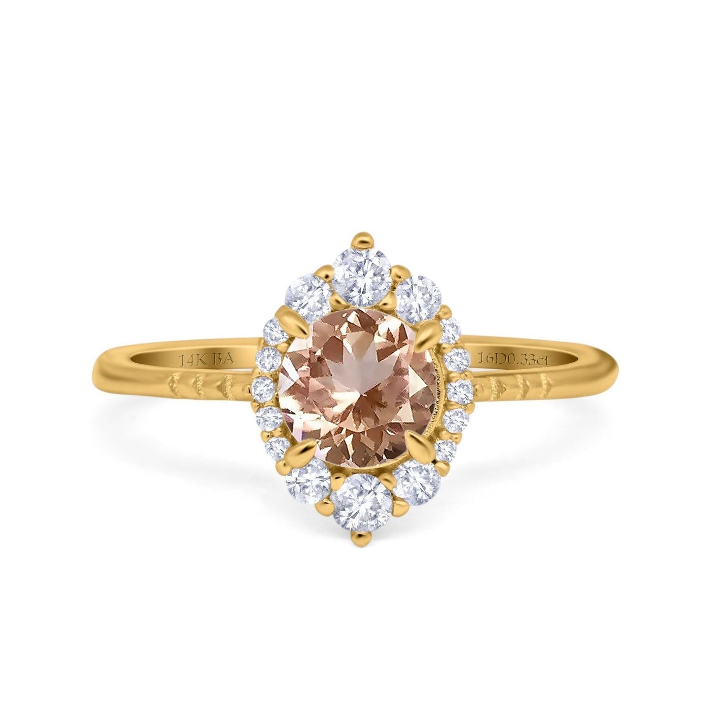 14K Yellow Gold 1.61ct Halo Vintage Round 7mm G SI Natural Morganite Diamond Engagement Wedding Ring Size 6.5