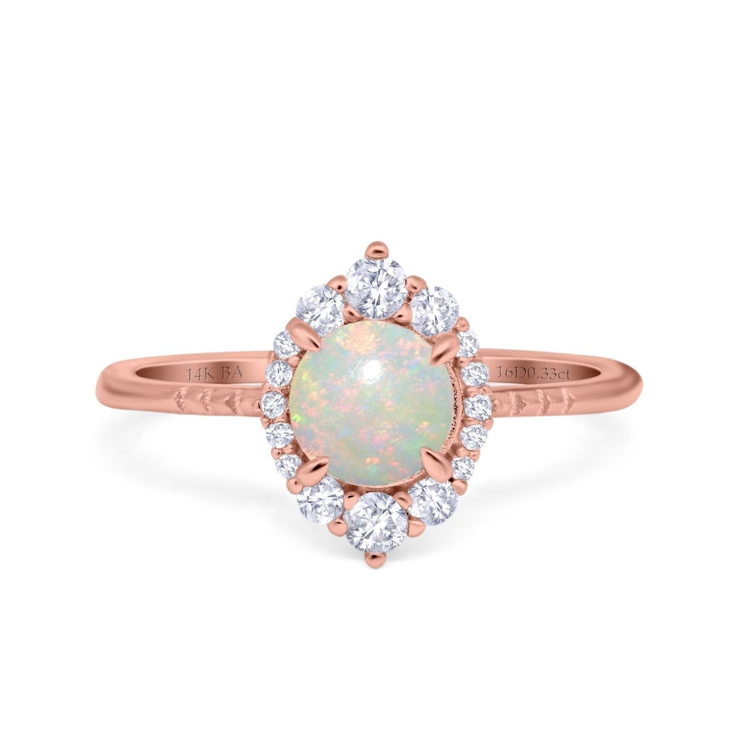 14K Rose Gold 0.33ct Halo Vintage Round 7mm G SI Natural White Opal Diamond Engagement Wedding Ring Size 6.5