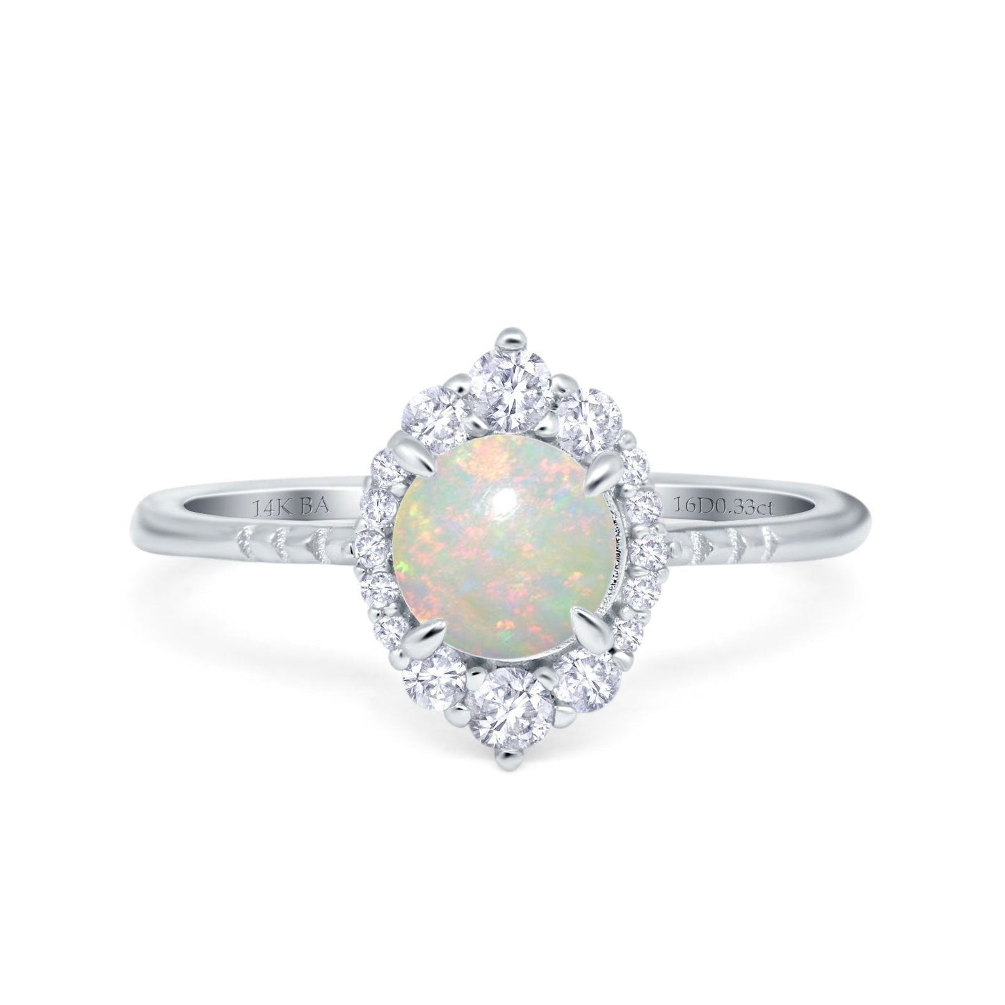 14K White Gold 0.33ct Halo Vintage Round 7mm G SI Natural White Opal Diamond Engagement Wedding Ring Size 6.5