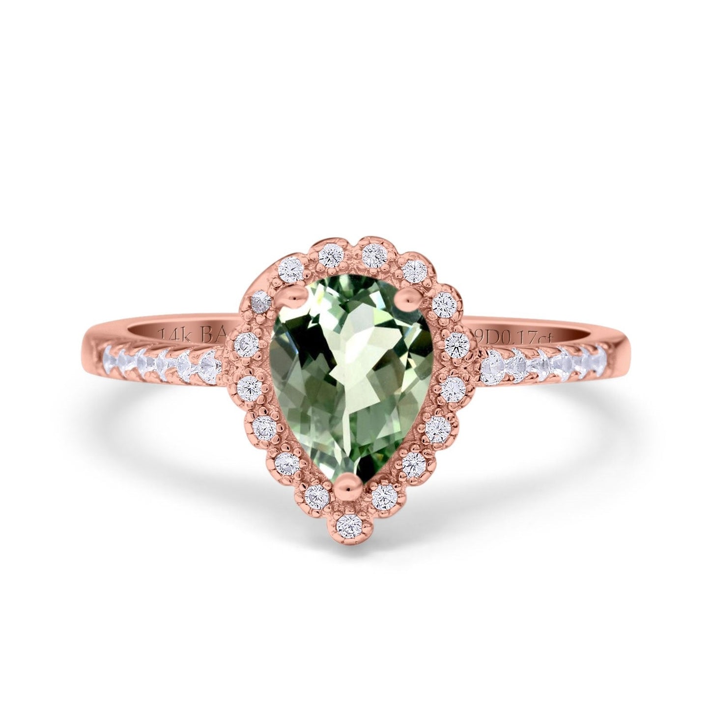 Bague de fiançailles en or rose 14 carats 1,42 ct en forme de larme avec halo en forme de poire 8 mm x 6 mm G SI avec améthyste verte naturelle et diamant, taille 6,5