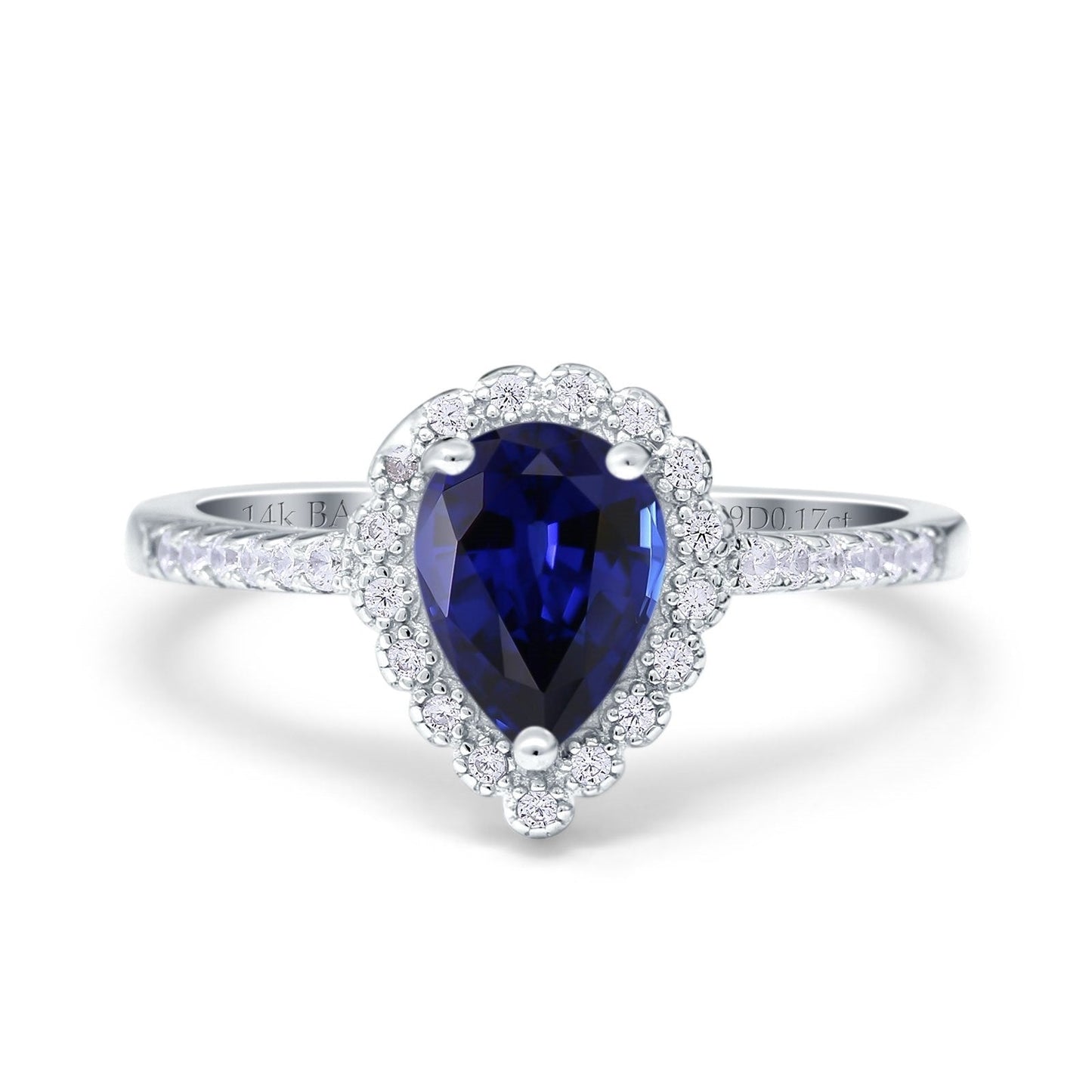 14K White Gold 1.42ct Teardrop Pear Halo 8mmx6mm G SI Lab Blue Sapphire Diamond Engagement Wedding Ring Size 6.5