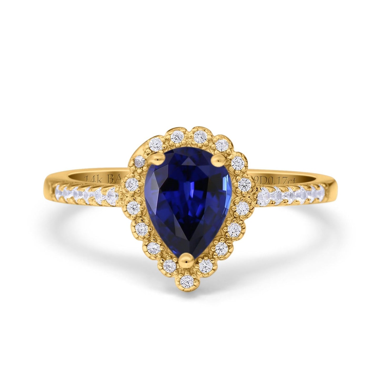 14K Yellow Gold 1.42ct Teardrop Pear Halo 8mmx6mm G SI Lab Blue Sapphire Diamond Engagement Wedding Ring Size 6.5