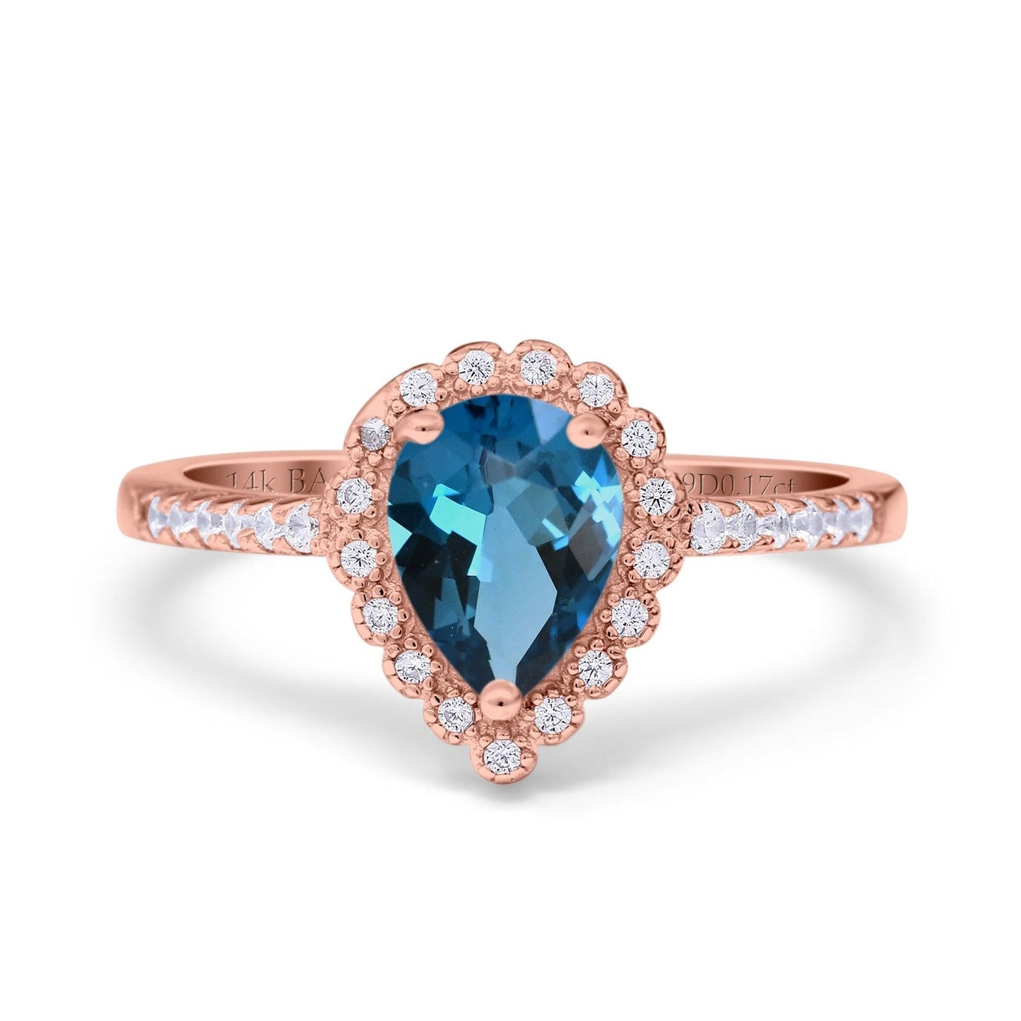 14K Rose Gold 1.42ct Teardrop Pear Halo 8mmx6mm G SI London Blue Topaz Diamond Engagement Wedding Ring Size 6.5