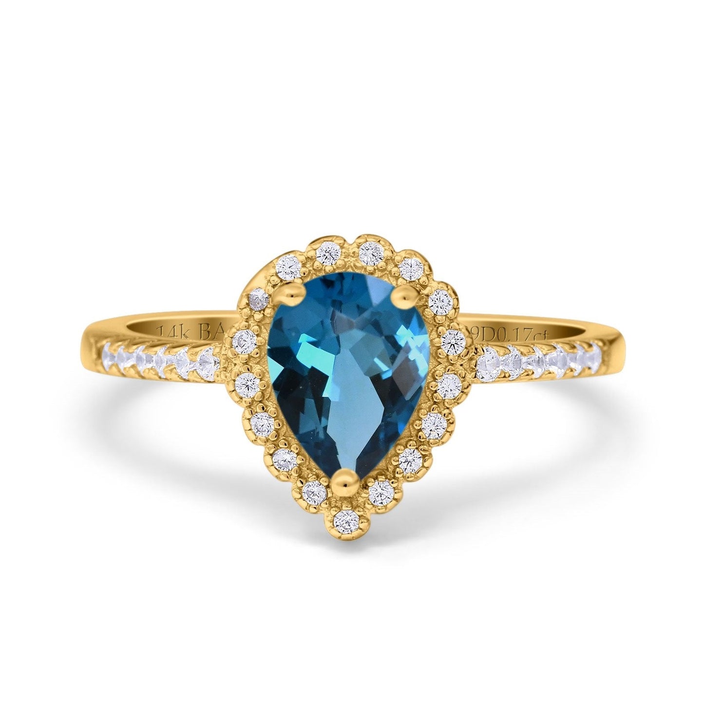 14K Yellow Gold 1.42ct Teardrop Pear Halo 8mmx6mm G SI London Blue Topaz Diamond Engagement Wedding Ring Size 6.5