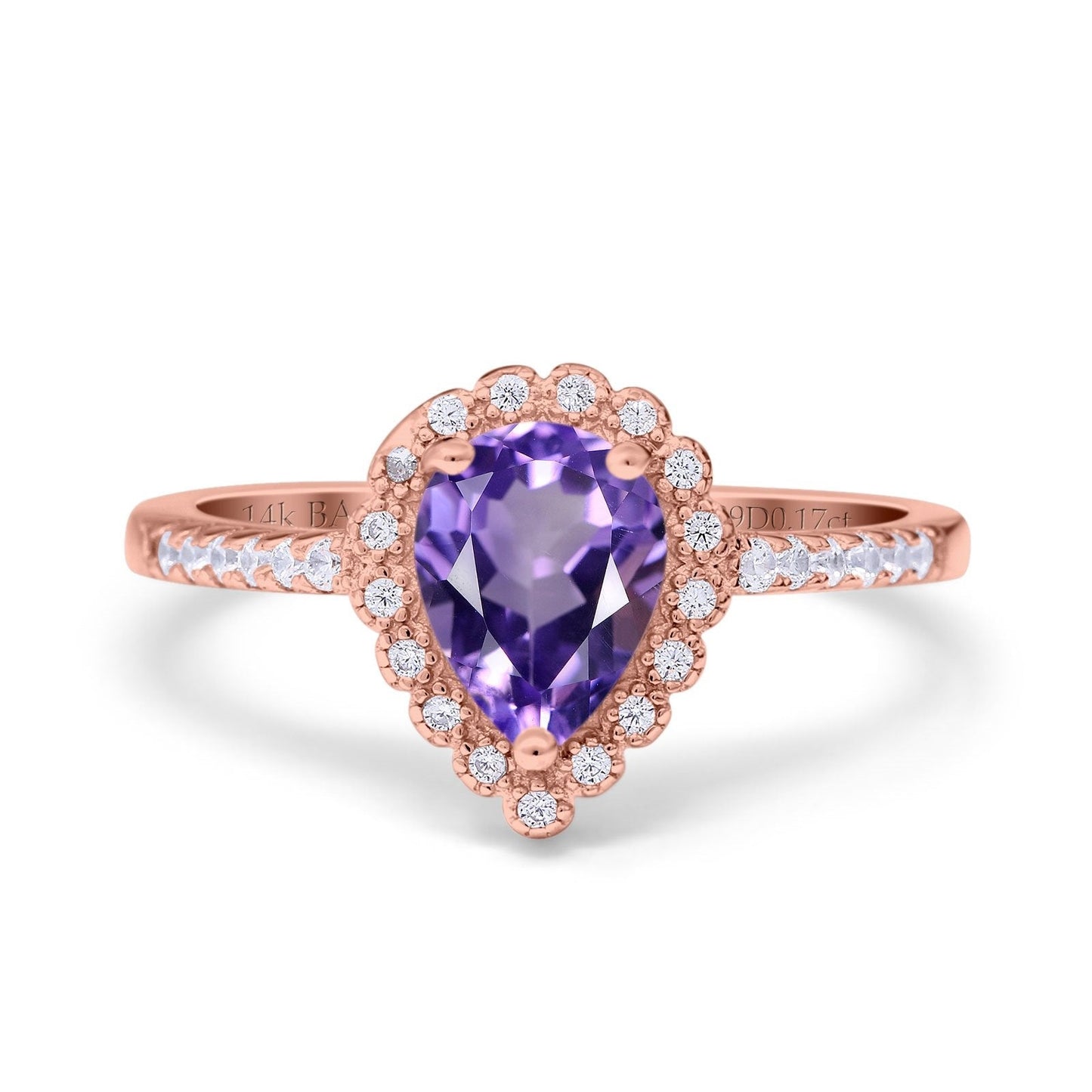 14K Rose Gold 1.42ct Teardrop Pear Halo 8mmx6mm G SI Natural Amethyst Diamond Engagement Wedding Ring Size 6.5