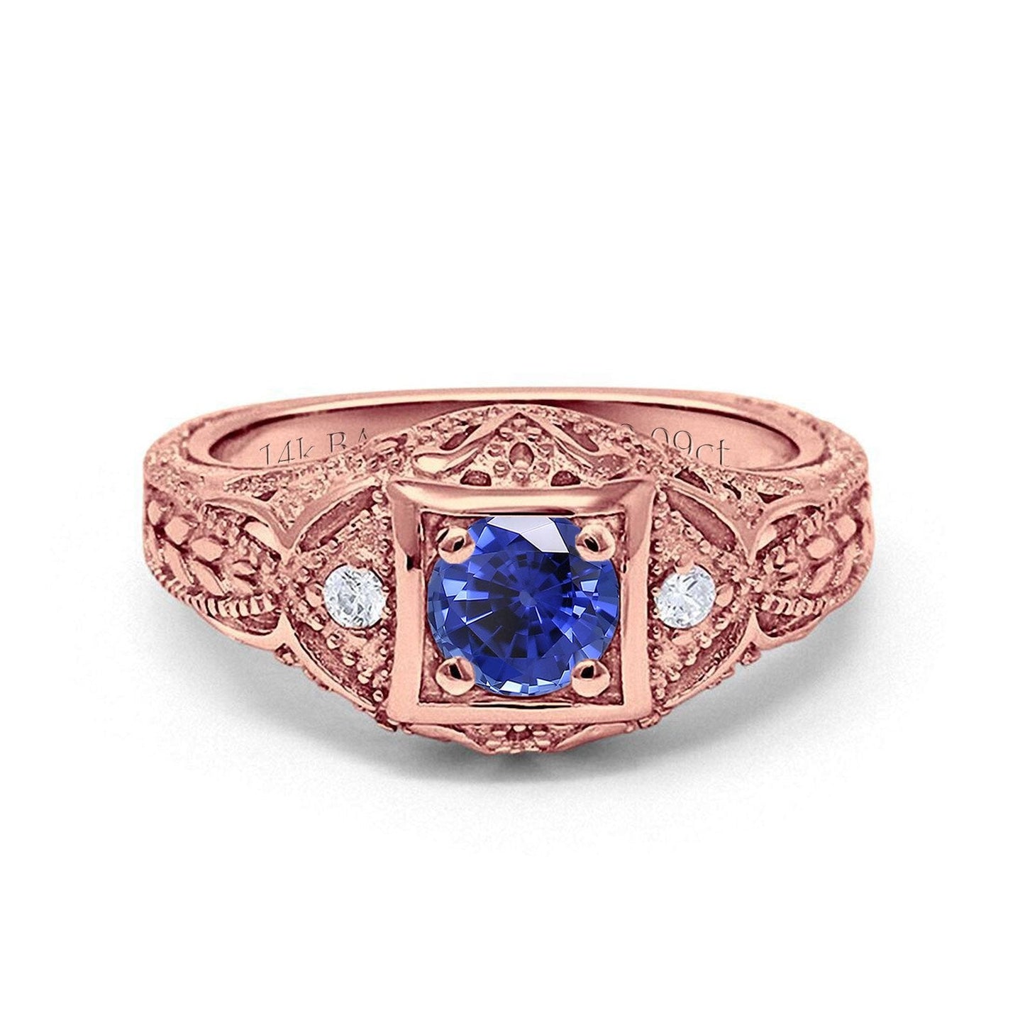 14K Rose Gold 0.15ct Round Antique Style 5mm G SI Lab Blue Sapphire Diamond Engagement Wedding Ring Size 6.5