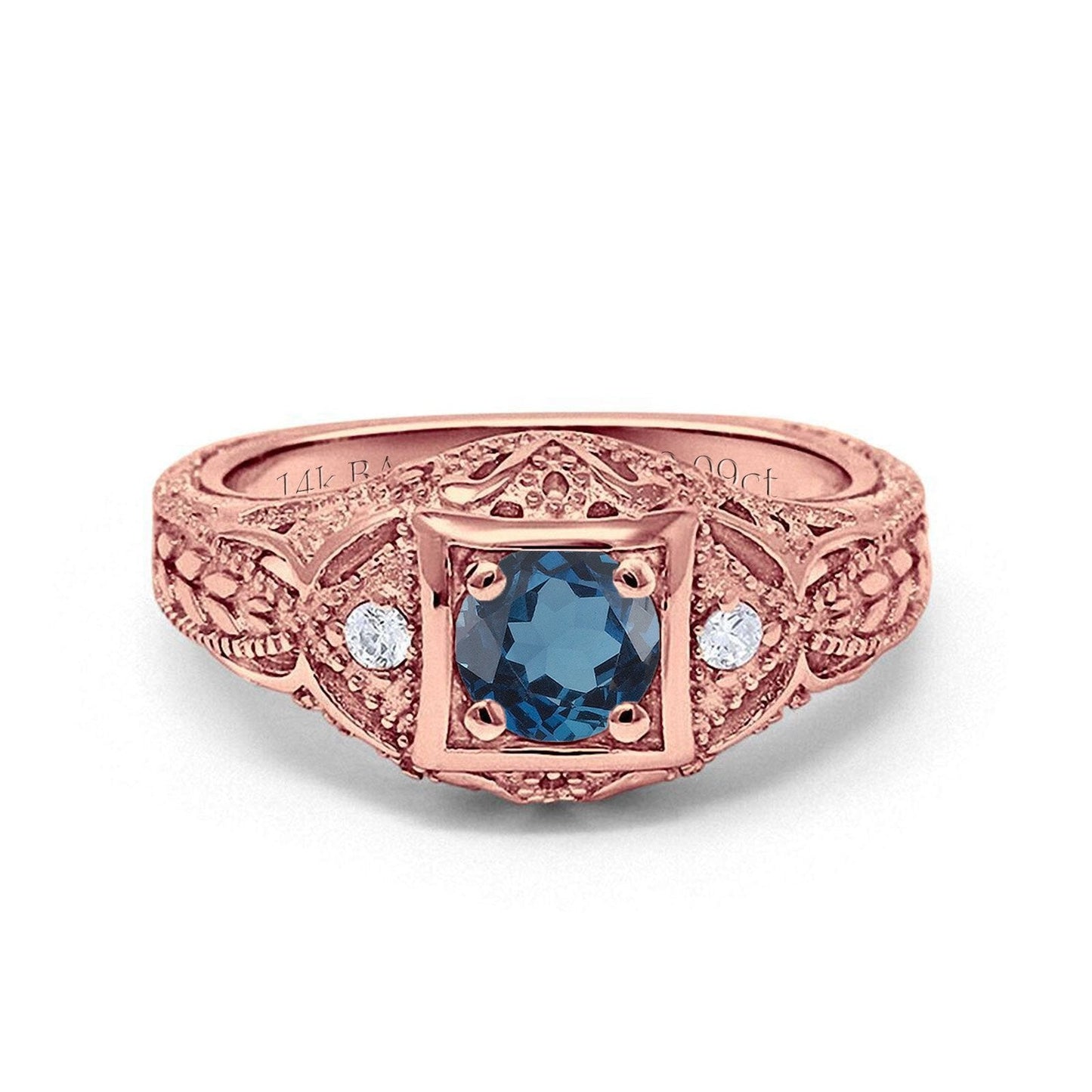 14K Rose Gold 0.15ct Round Antique Style 5mm G SI London Blue Topaz Diamond Engagement Wedding Ring Size 6.5