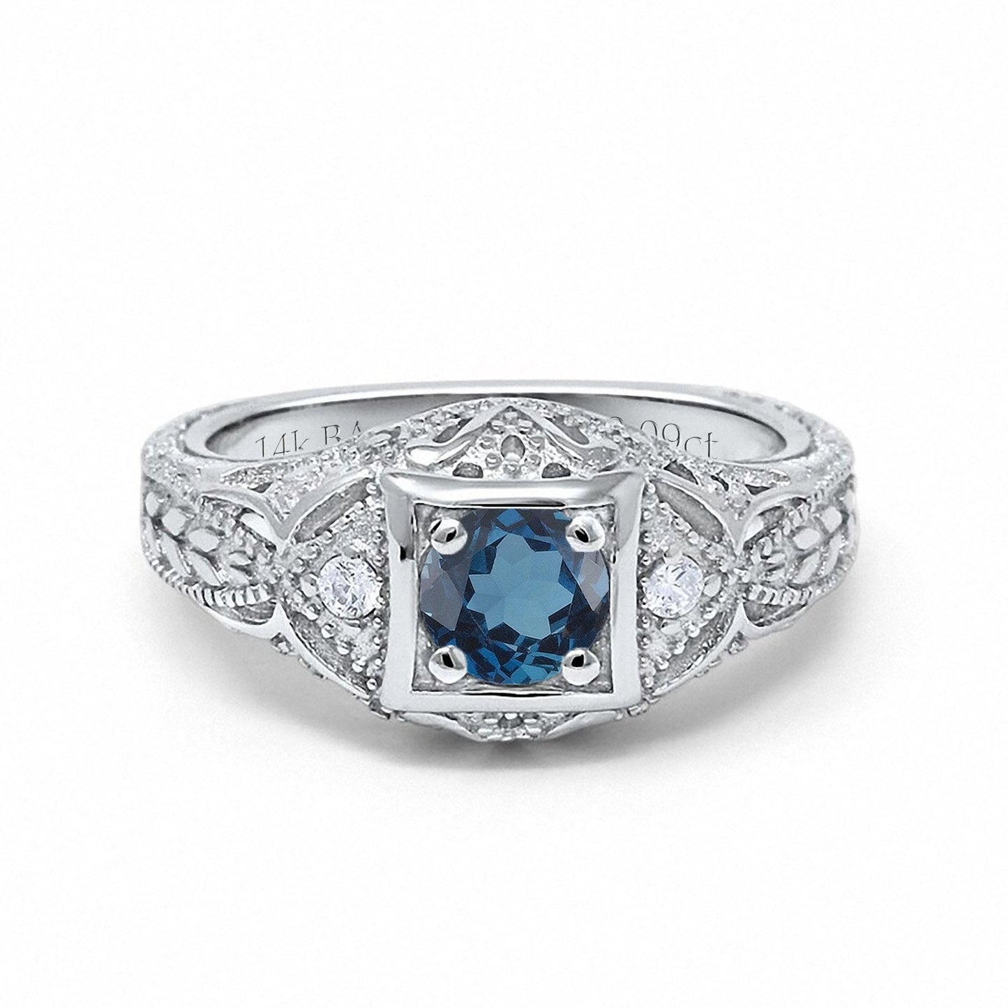 14K White Gold 0.15ct Round Antique Style 5mm G SI London Blue Topaz Diamond Engagement Wedding Ring Size 6.5