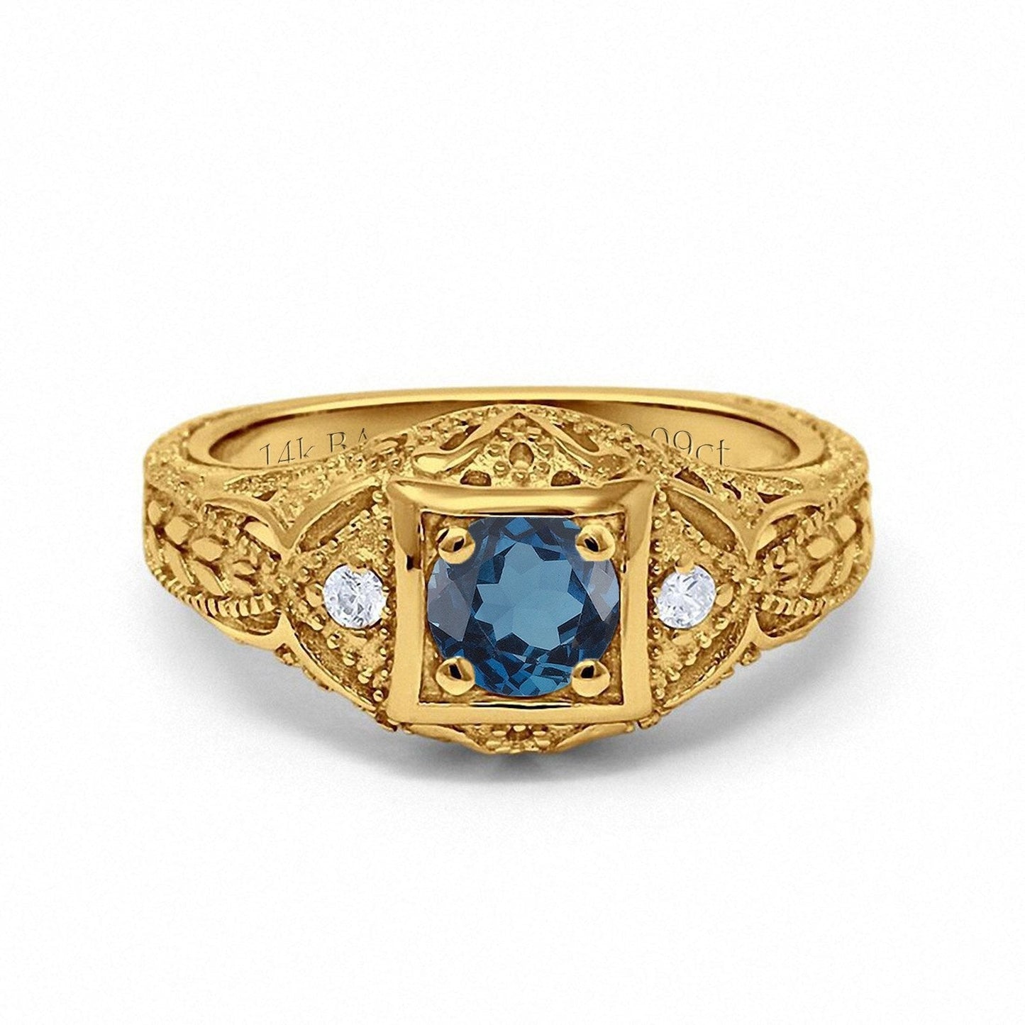 14K Yellow Gold 0.15ct Round Antique Style 5mm G SI London Blue Topaz Diamond Engagement Wedding Ring Size 6.5