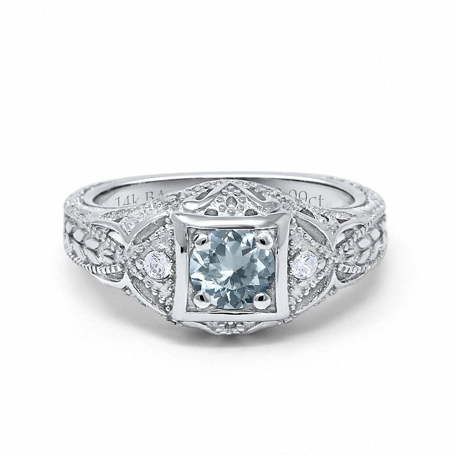 14K White Gold 0.15ct Round Antique Style 5mm G SI Natural Aquamarine Diamond Engagement Wedding Ring Size 6.5