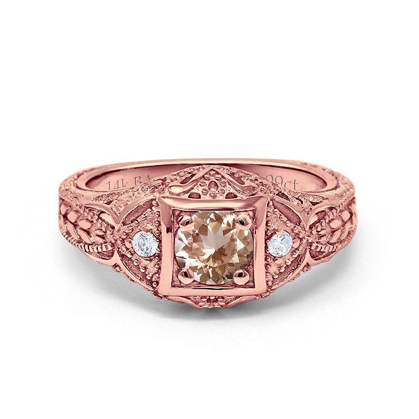 14K Rose Gold 0.15ct Round Antique Style 5mm G SI Natural Morganite Diamond Engagement Wedding Ring Size 6.5