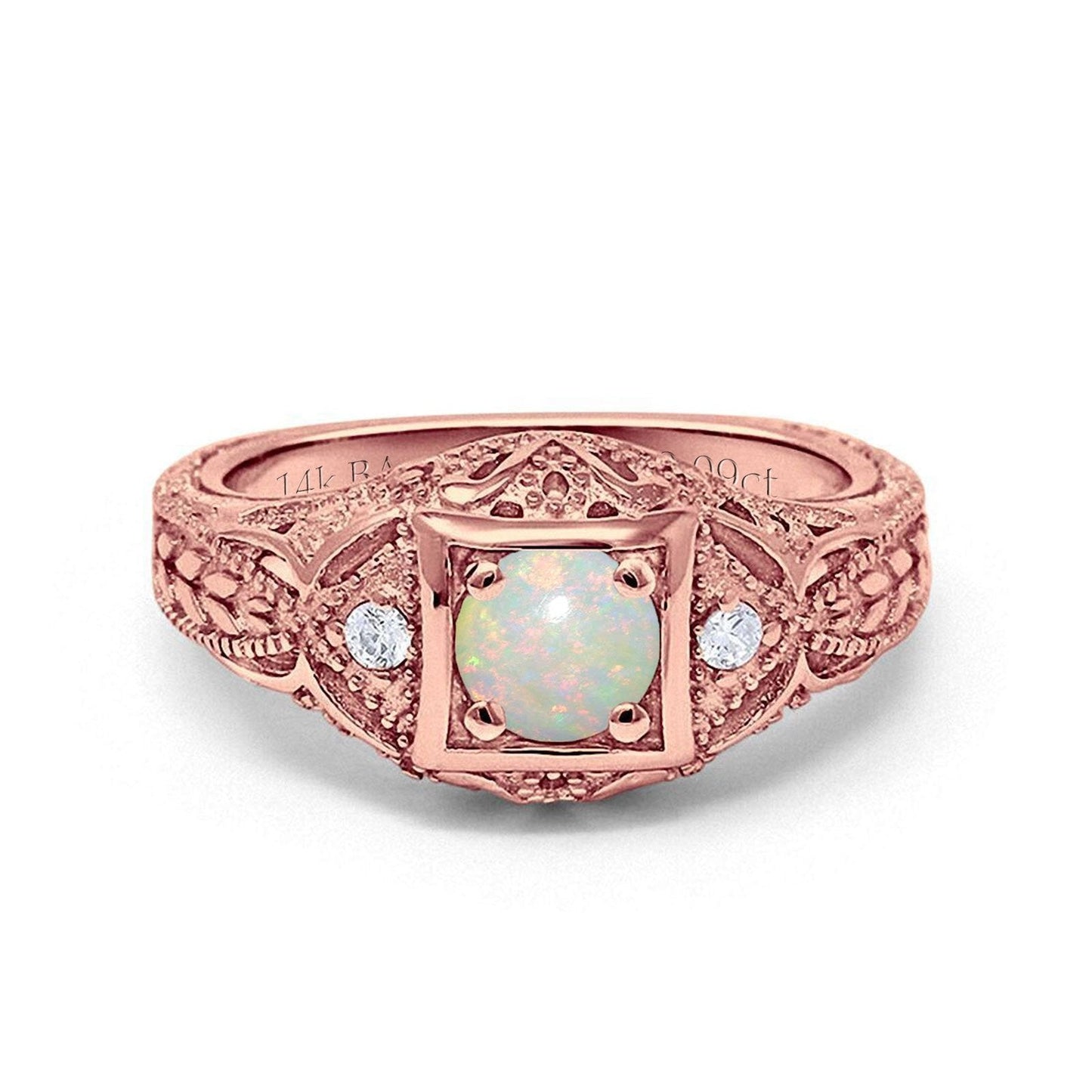 14K Rose Gold 0.09ct Round Antique Style 5mm G SI Natural White Opal Diamond Engagement Wedding Ring Size 6.5