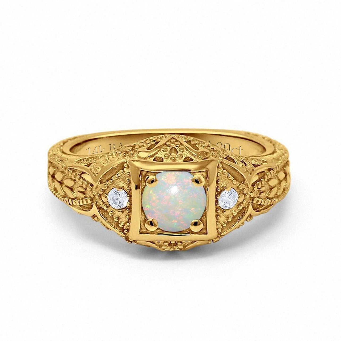 14K Yellow Gold 0.09ct Round Antique Style 5mm G SI Natural White Opal Diamond Engagement Wedding Ring Size 6.5