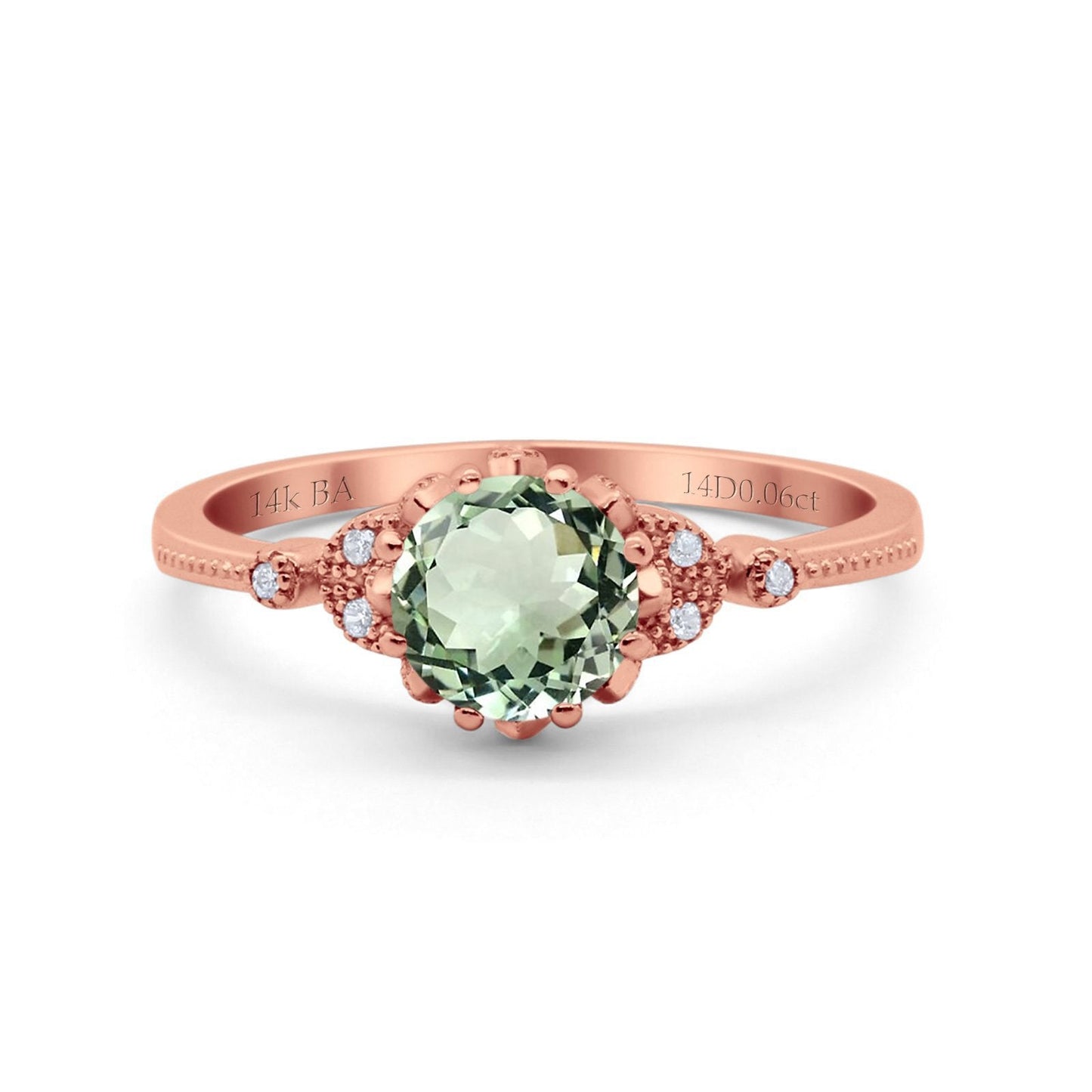 14K Rose Gold 1.34ct Round Art Deco Fashion 7mm G SI Natural Green Amethyst Diamond Engagement Wedding Ring Size 6.5