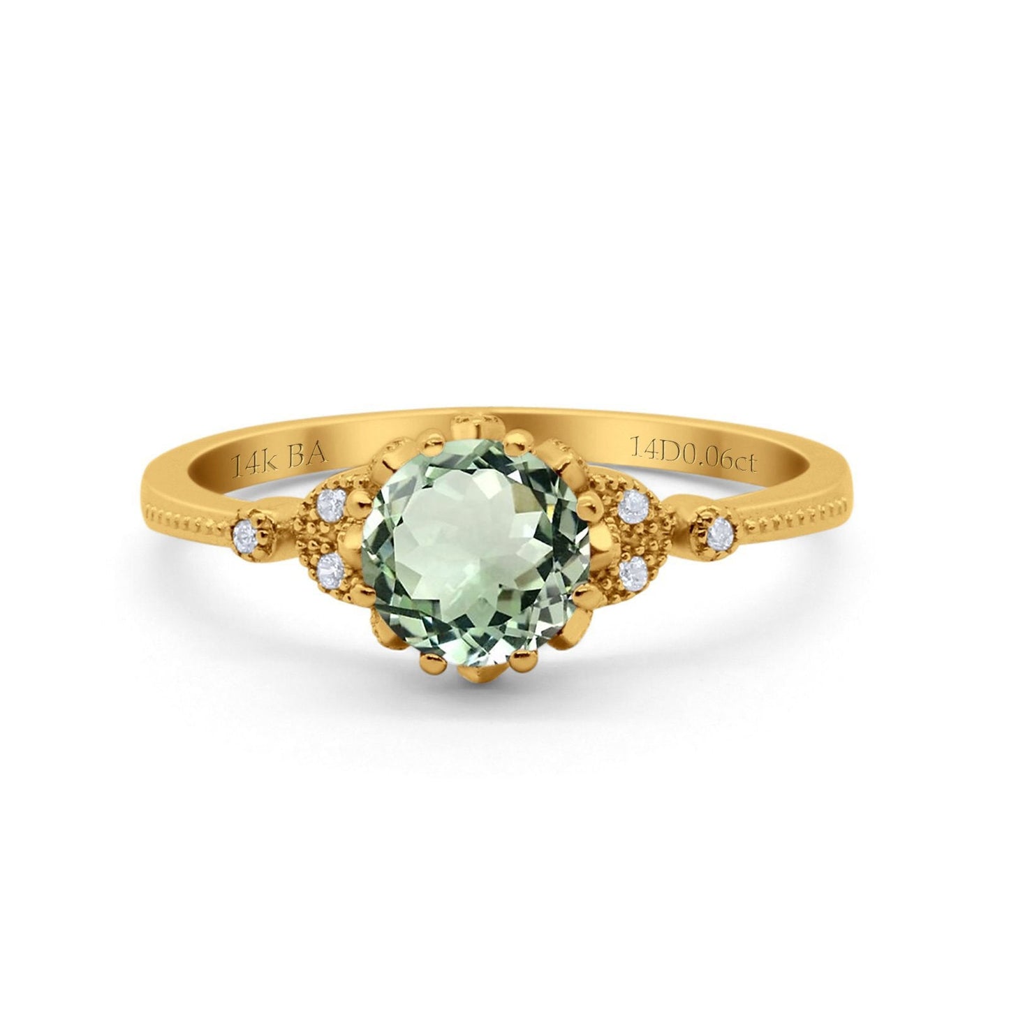 14K Yellow Gold 1.34ct Round Art Deco Fashion 7mm G SI Natural Green Amethyst Diamond Engagement Wedding Ring Size 6.5