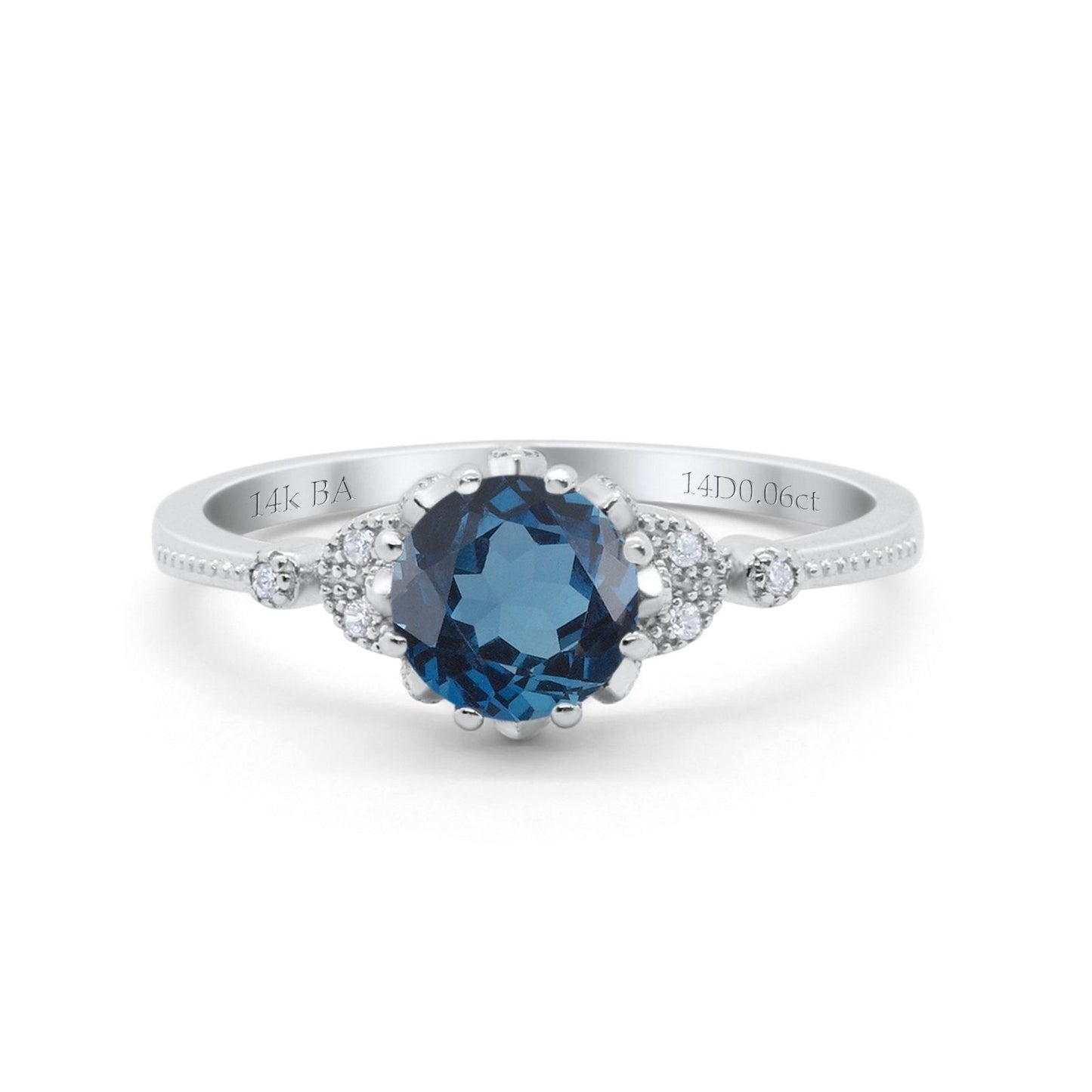 Bague de fiançailles en or blanc 14 carats 1,34 ct Art déco ronde 7 mm G SI avec topaze bleue de Londres et diamant taille 6,5