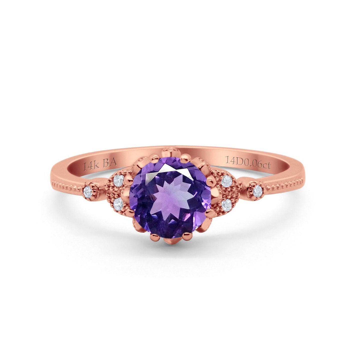 14K Rose Gold 1.34ct Round Art Deco Fashion 7mm G SI Natural Amethyst Diamond Engagement Wedding Ring Size 6.5