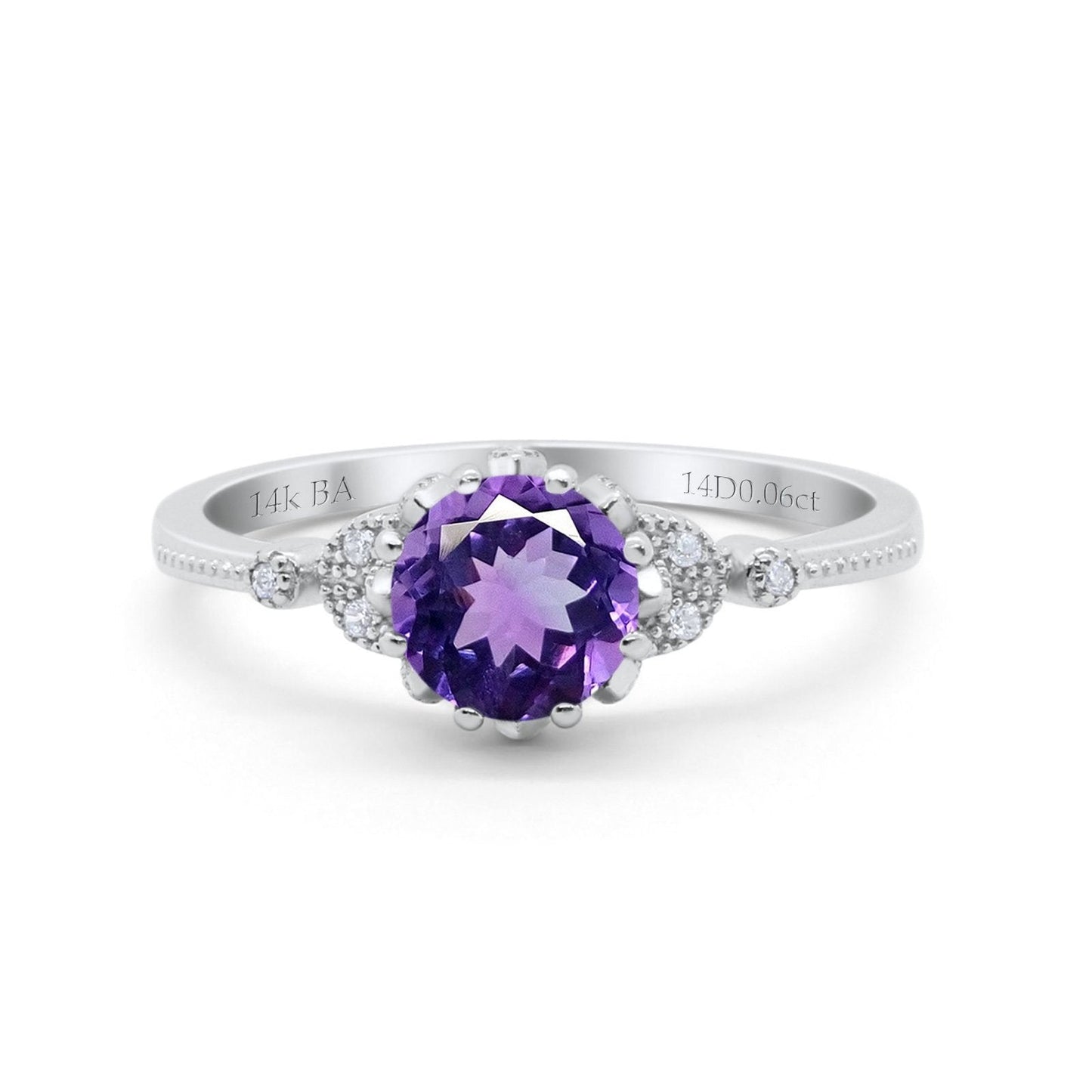 14K White Gold 1.34ct Round Art Deco Fashion 7mm G SI Natural Amethyst Diamond Engagement Wedding Ring Size 6.5