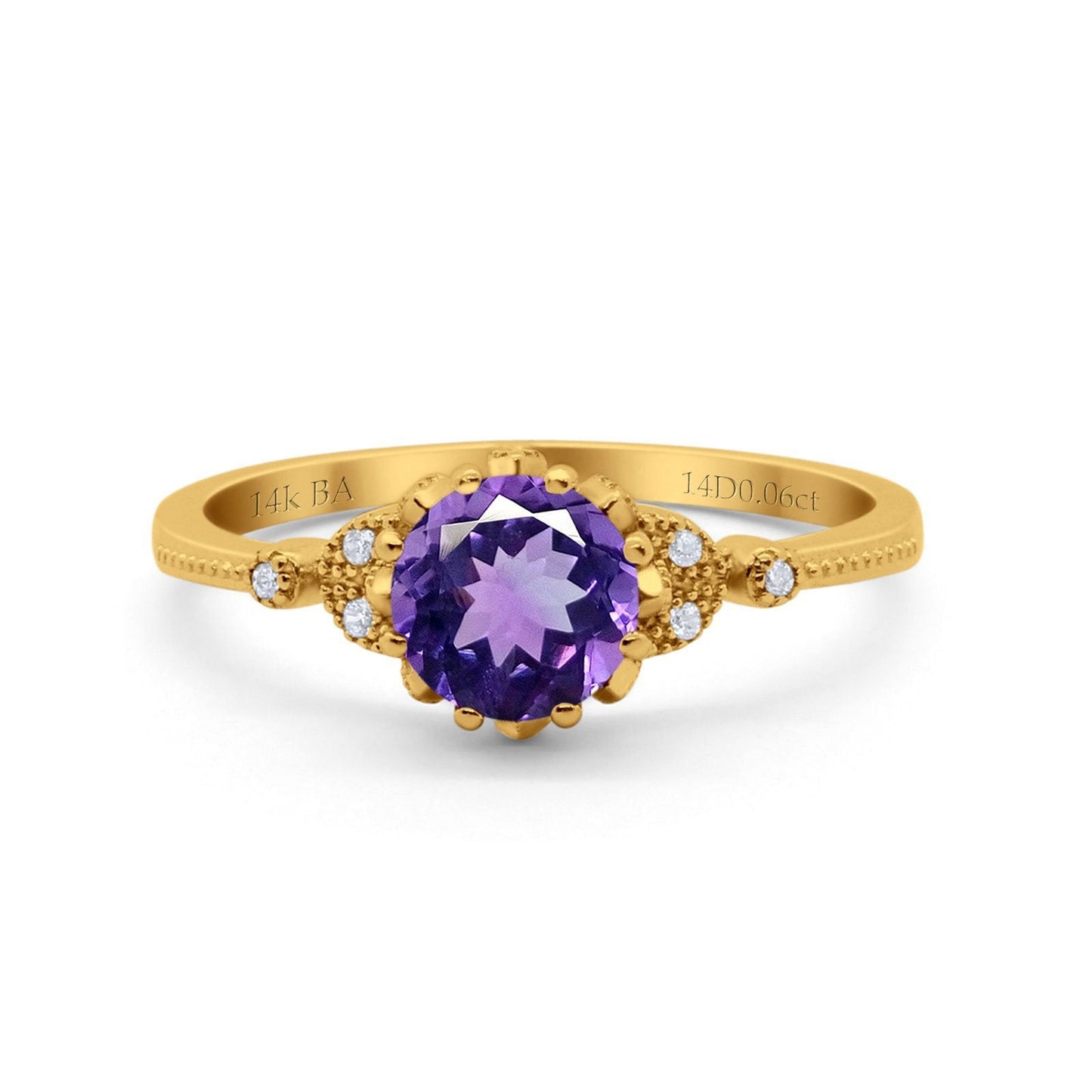 14K Yellow Gold 1.34ct Round Art Deco Fashion 7mm G SI Natural Amethyst Diamond Engagement Wedding Ring Size 6.5