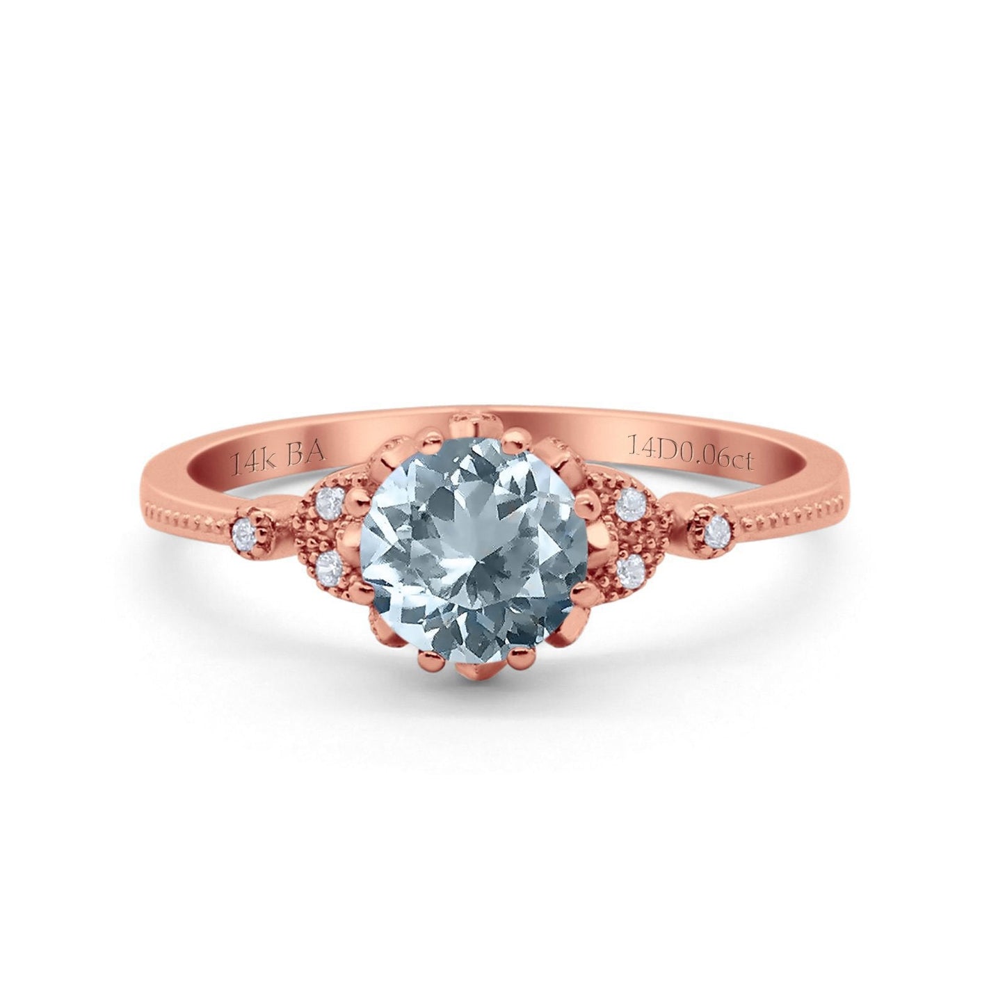 14K Rose Gold 1.34ct Round Art Deco Fashion 7mm G SI Natural Aquamarine Diamond Engagement Wedding Ring Size 6.5