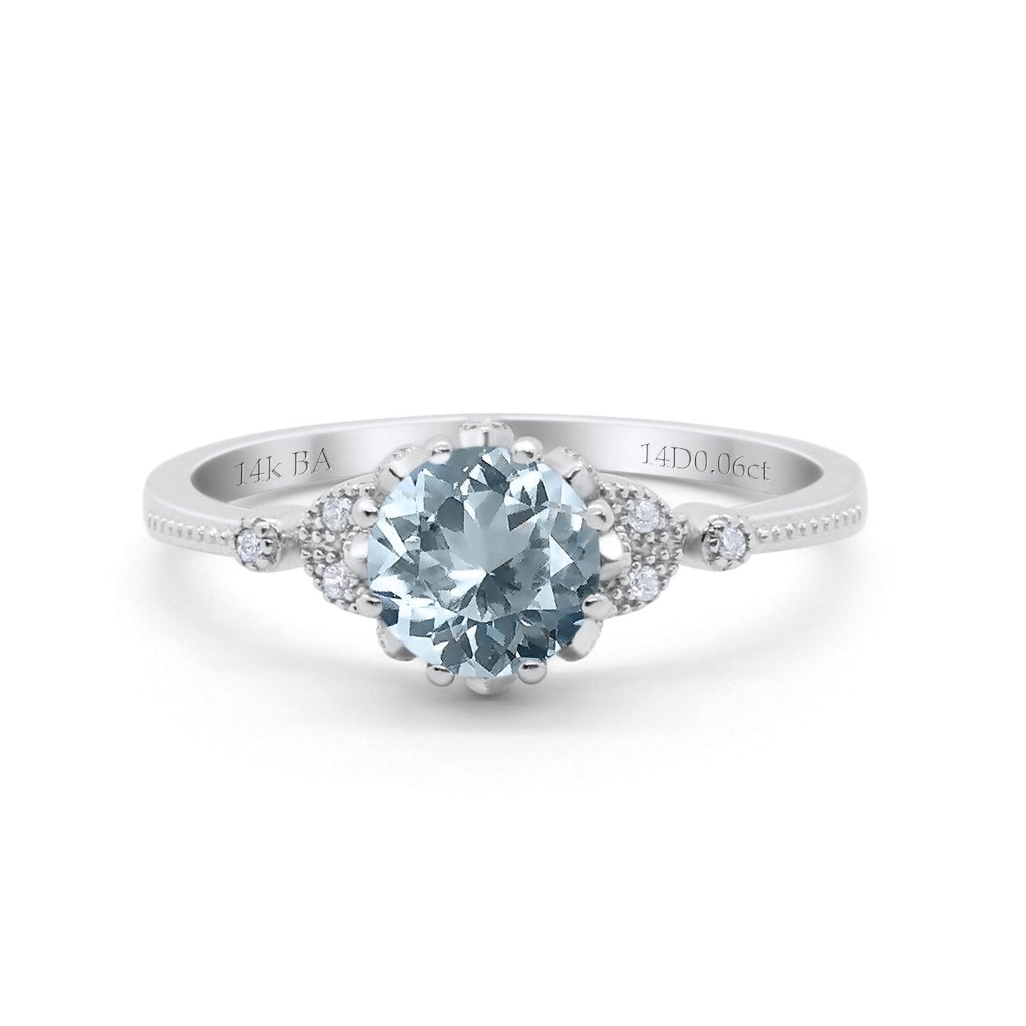 14K White Gold 1.34ct Round Art Deco Fashion 7mm G SI Natural Aquamarine Diamond Engagement Wedding Ring Size 6.5