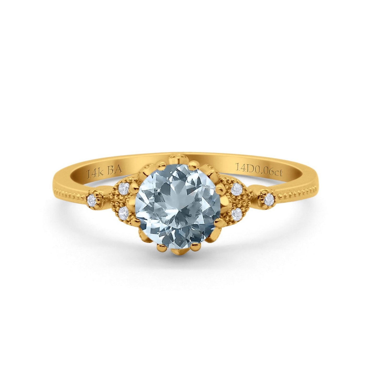 14K Yellow Gold 1.34ct Round Art Deco Fashion 7mm G SI Natural Aquamarine Diamond Engagement Wedding Ring Size 6.5