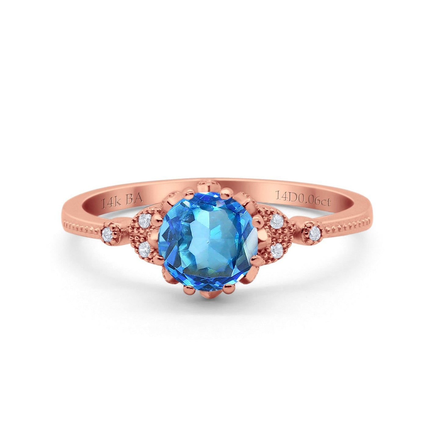 14K Rose Gold 1.34ct Round Art Deco Fashion 7mm G SI Natural Blue Topaz Diamond Engagement Wedding Ring Size 6.5