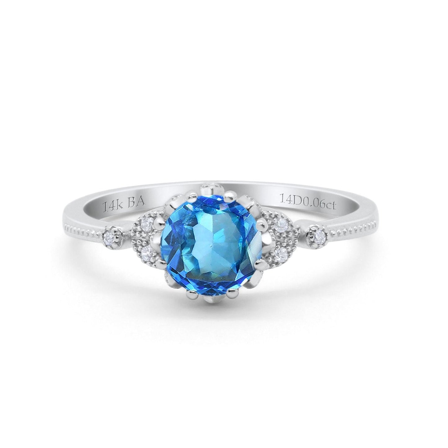 Bague de fiançailles en or blanc 14 carats 1,34 ct Art déco ronde 7 mm G SI avec topaze bleue naturelle et diamant taille 6,5