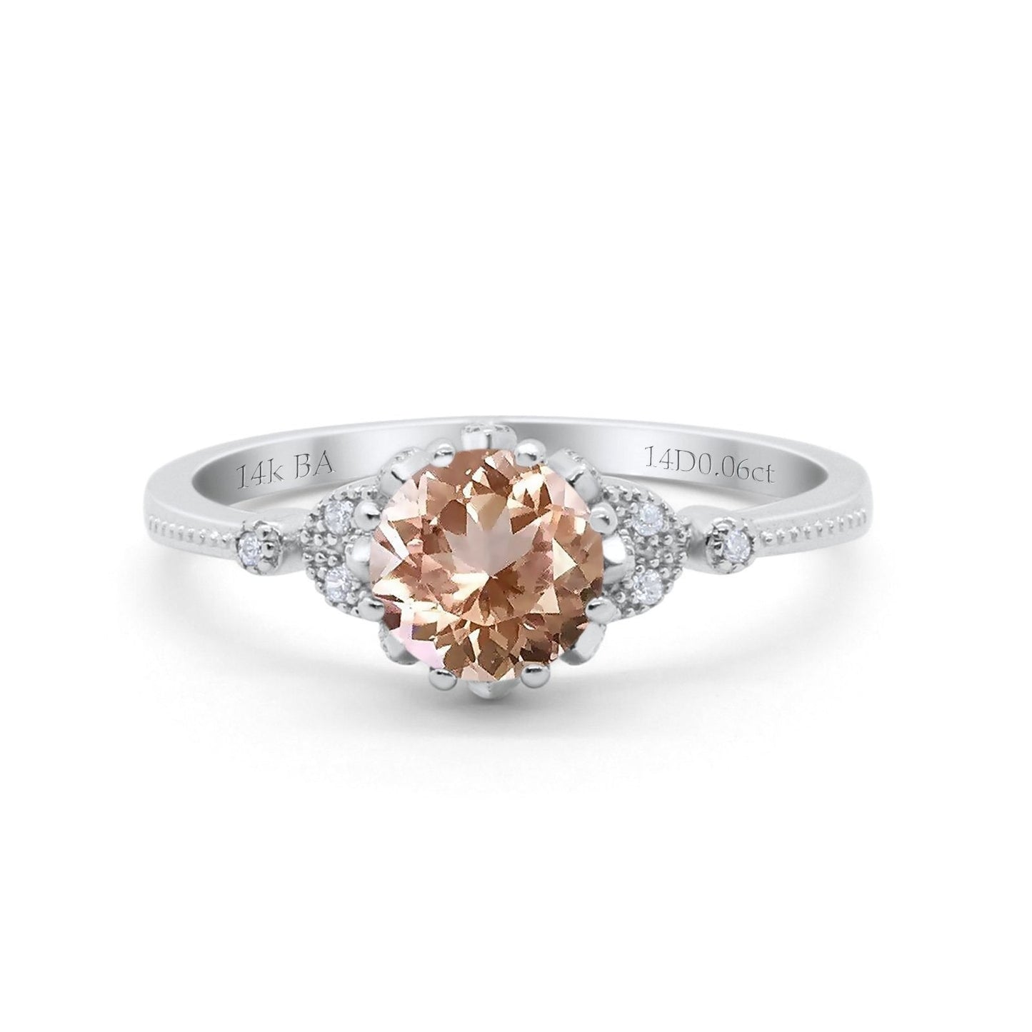 14K White Gold 1.34ct Round Art Deco Fashion 7mm G SI Natural Morganite Diamond Engagement Wedding Ring Size 6.5