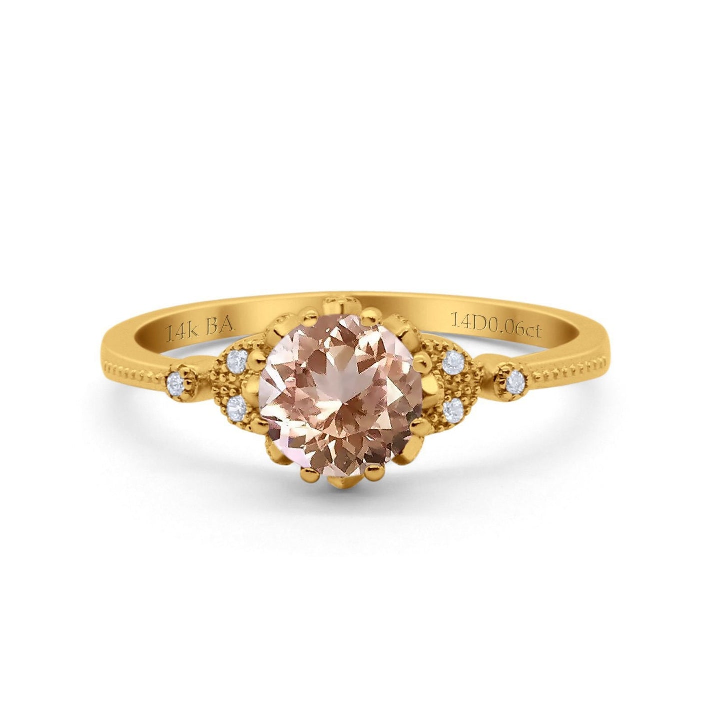 14K Yellow Gold 1.34ct Round Art Deco Fashion 7mm G SI Natural Morganite Diamond Engagement Wedding Ring Size 6.5