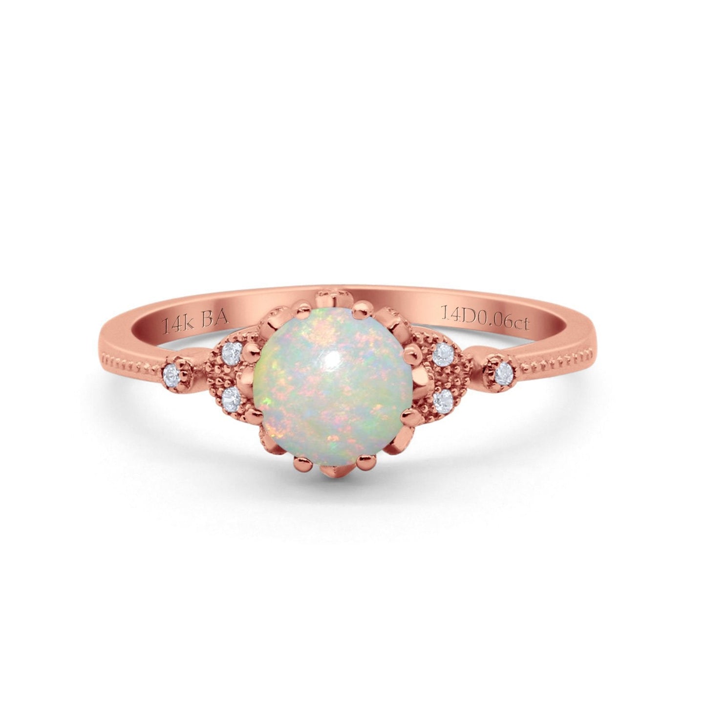 14K Rose Gold 0.06ct Round Art Deco Fashion 7mm G SI Natural White Opal Diamond Engagement Wedding Ring Size 6.5