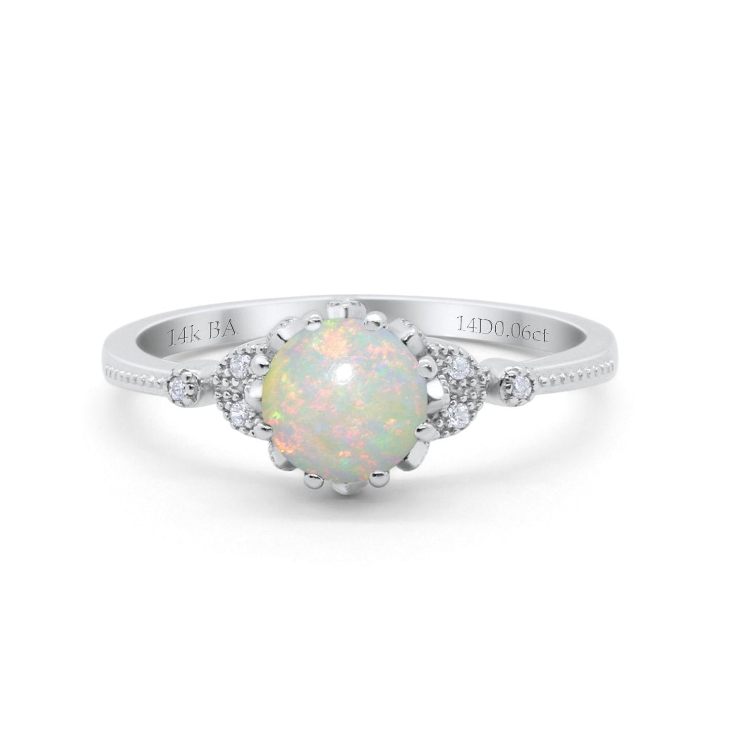 14K White Gold 0.06ct Round Art Deco Fashion 7mm G SI Natural White Opal Diamond Engagement Wedding Ring Size 6.5