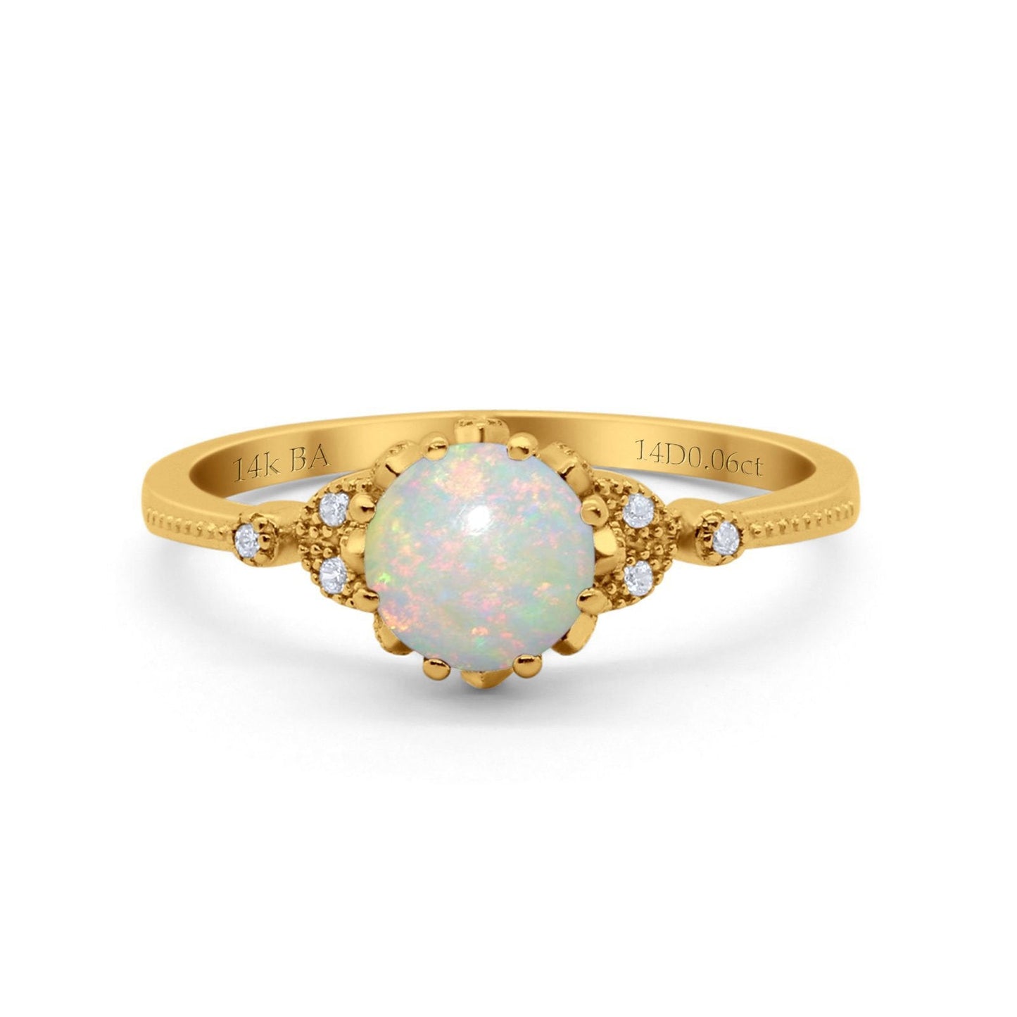 14K Yellow Gold 0.06ct Round Art Deco Fashion 7mm G SI Natural White Opal Diamond Engagement Wedding Ring Size 6.5