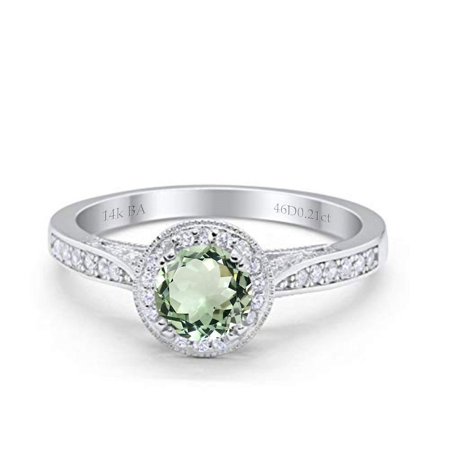 14K White Gold 0.67ct Round Halo 6.5mm G SI Natural Green Amethyst Diamond Engagement Wedding Ring Size 6.5