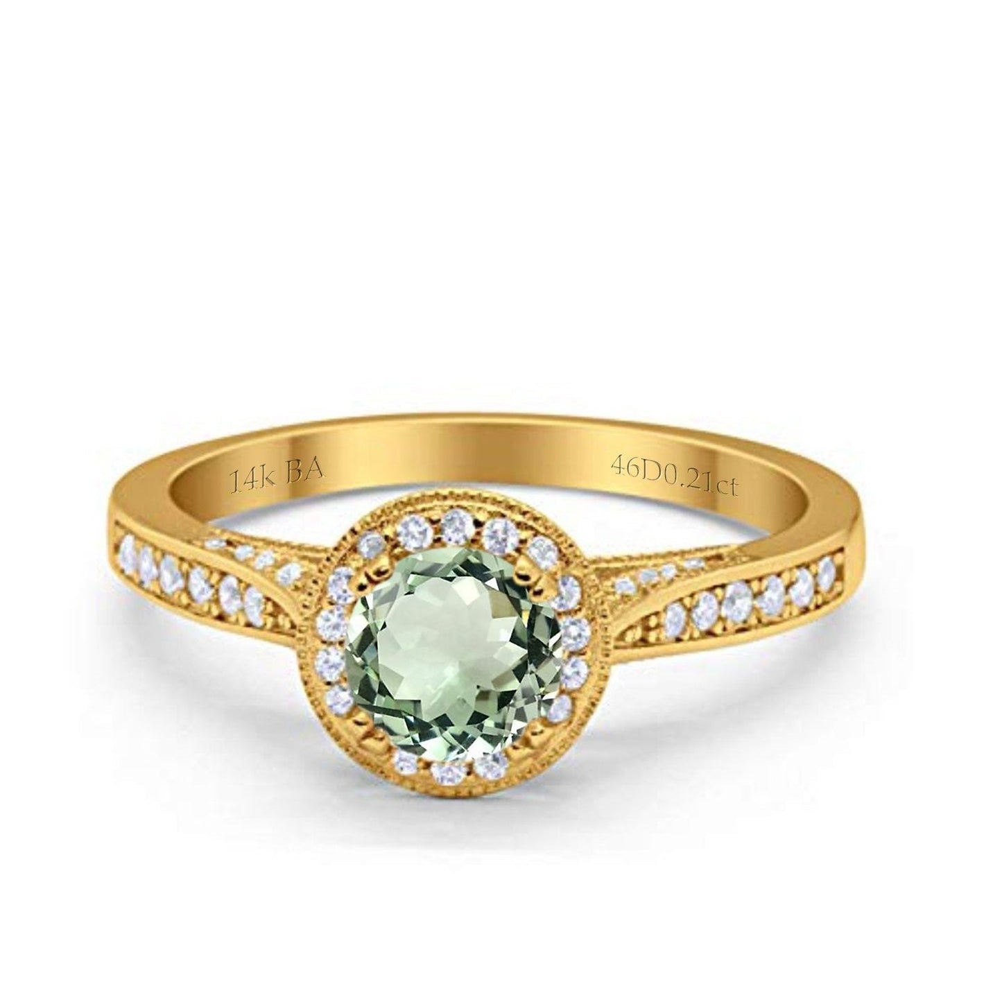 14K Yellow Gold 0.67ct Round Halo 6.5mm G SI Natural Green Amethyst Diamond Engagement Wedding Ring Size 6.5