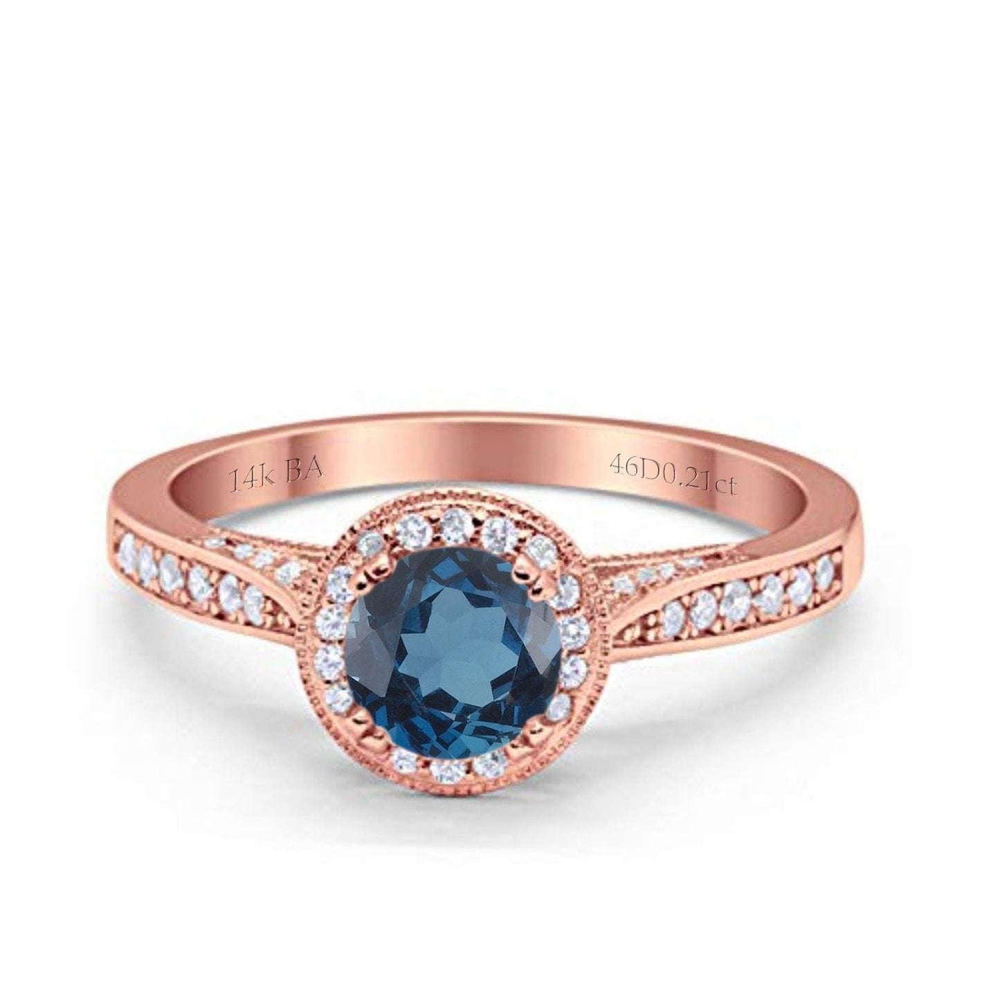 14K Rose Gold 0.67ct Round Halo 6.5mm G SI London Blue Topaz Diamond Engagement Wedding Ring Size 6.5