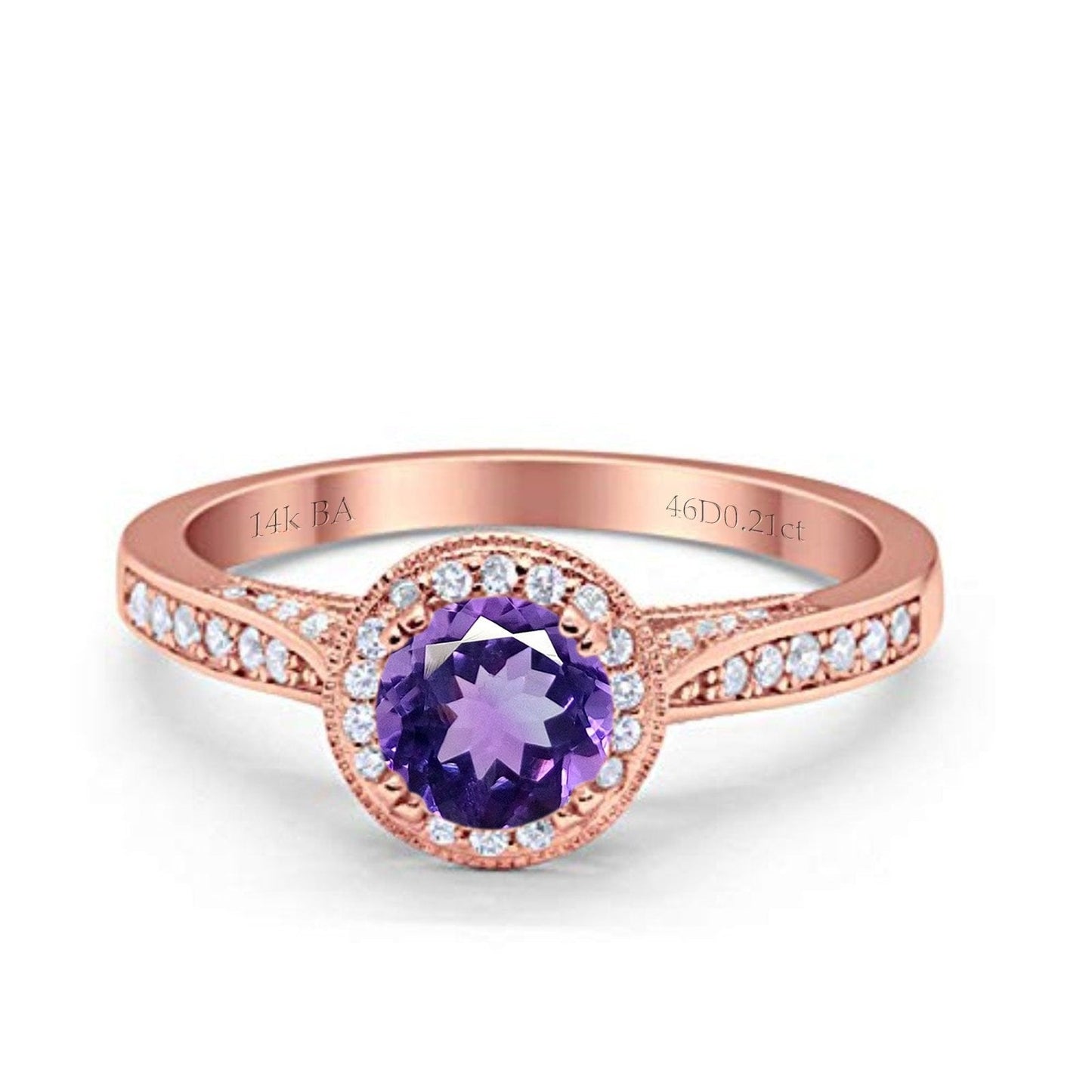 14K Rose Gold 0.67ct Round Halo 6.5mm G SI Natural Amethyst Diamond Engagement Wedding Ring Size 6.5