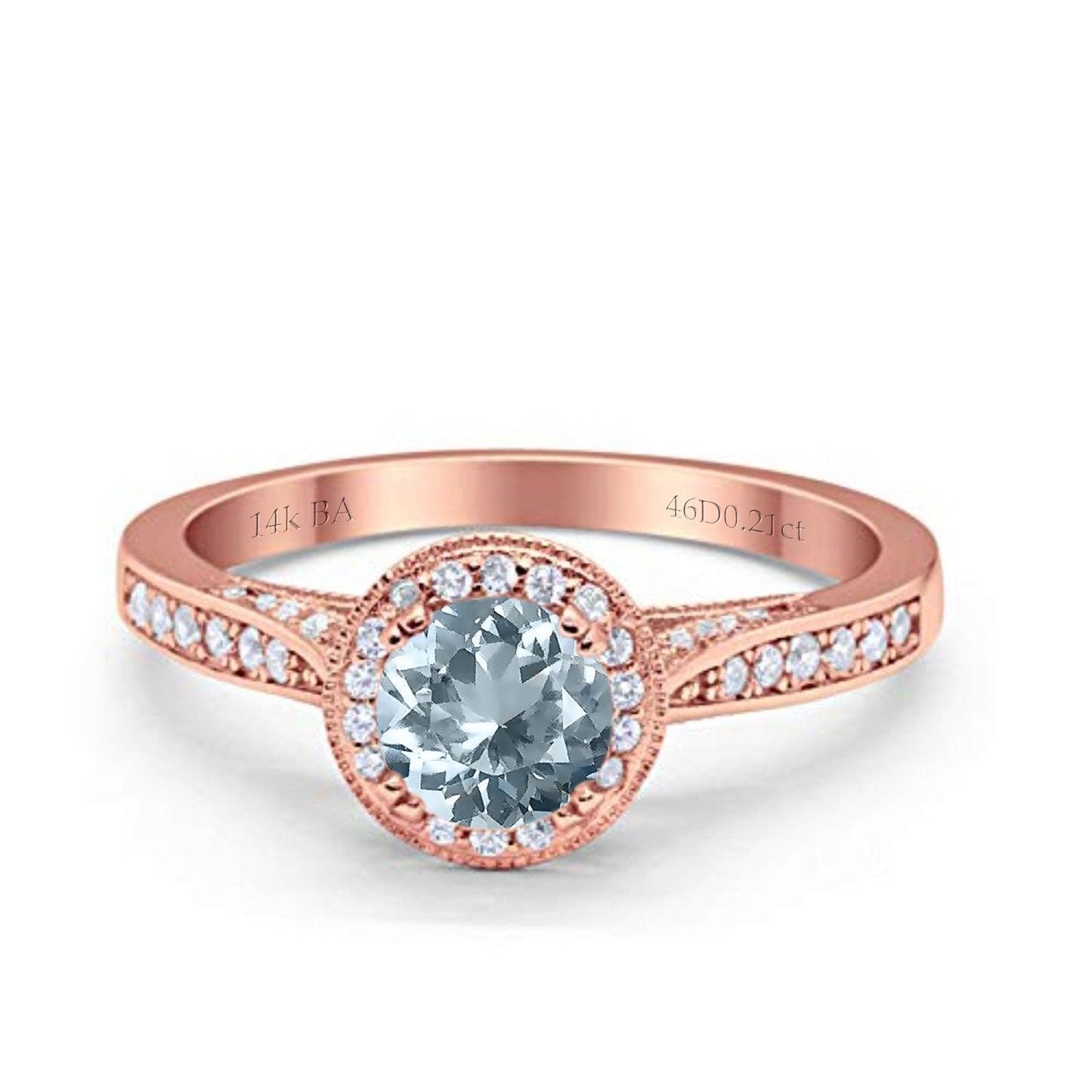 14K Rose Gold 0.67ct Round Halo 6.5mm G SI Natural Aquamarine Diamond Engagement Wedding Ring Size 6.5