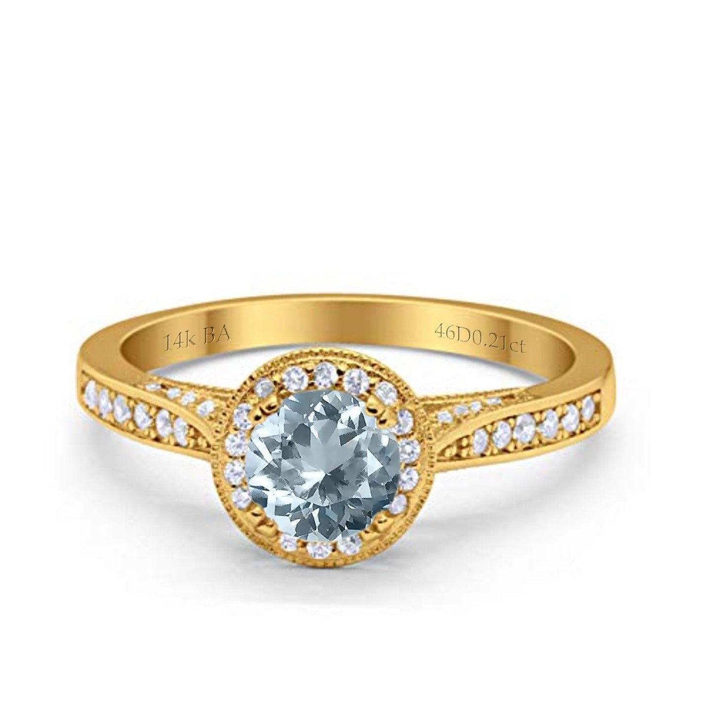 14K Yellow Gold 0.67ct Round Halo 6.5mm G SI Natural Aquamarine Diamond Engagement Wedding Ring Size 6.5